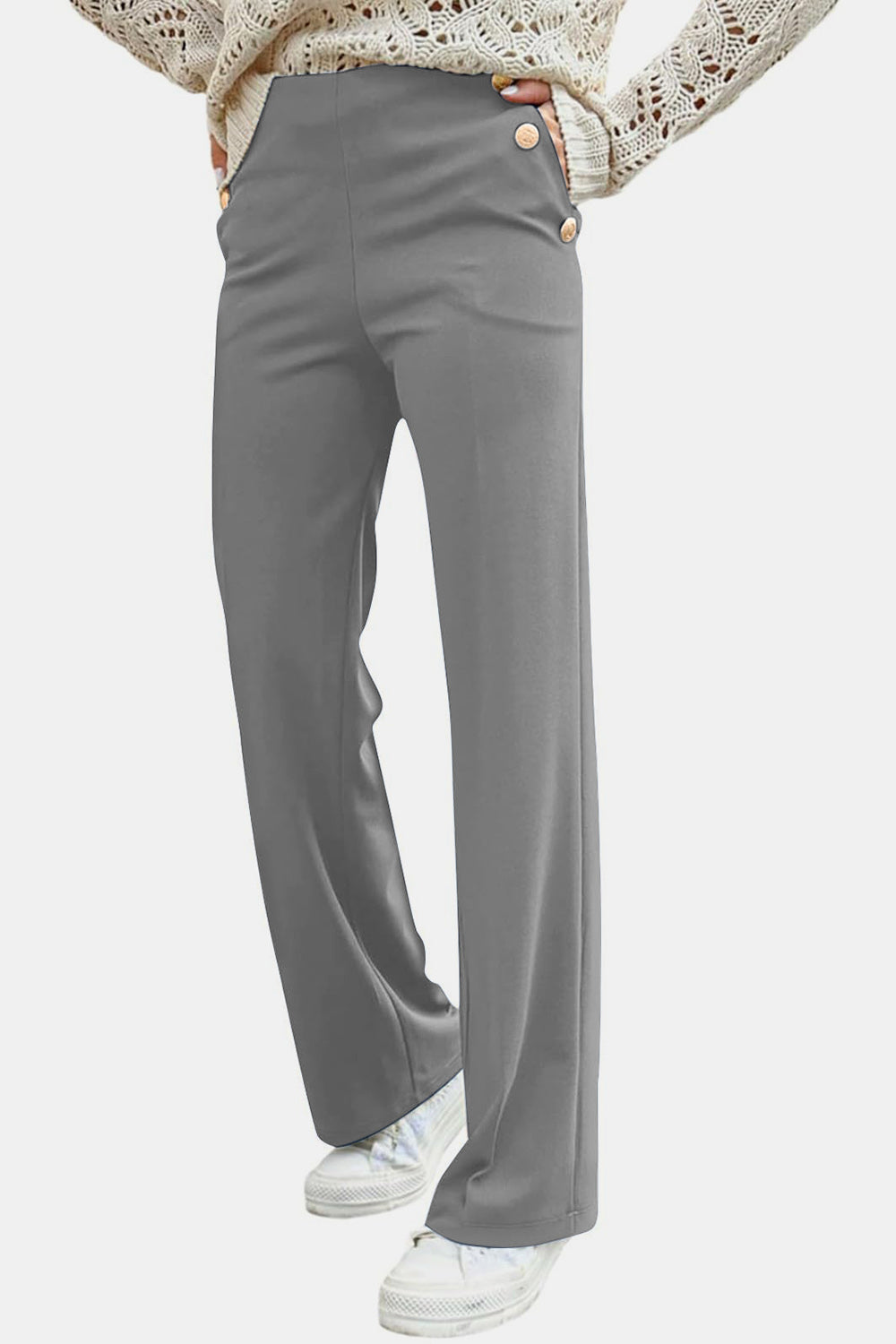 Decorative Button High Rise Pants-BOTTOMS SIZES SMALL MEDIUM LARGE-[Adult]-[Female]-Gray-S-2022 Online Blue Zone Planet