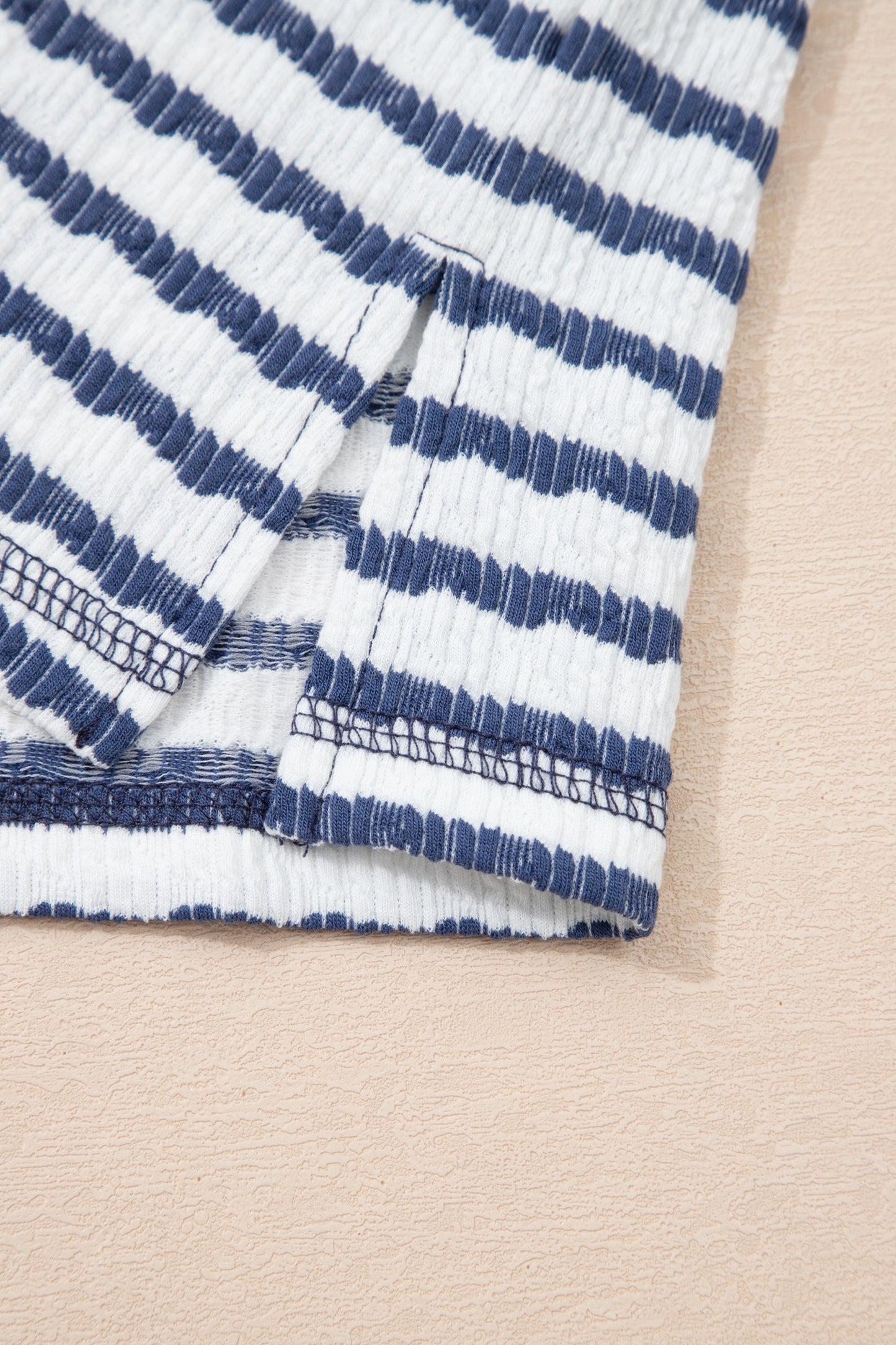 Blue Stripe Textured Knit Split Hem Half Sleeve Loose Top-Tops/Tops & Tees-[Adult]-[Female]-2022 Online Blue Zone Planet