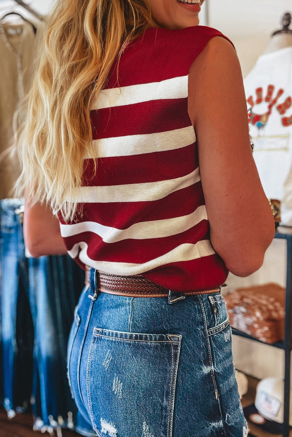 Red Stripe Collared Split Neck Sweater Vest-TOPS / DRESSES-[Adult]-[Female]-2022 Online Blue Zone Planet