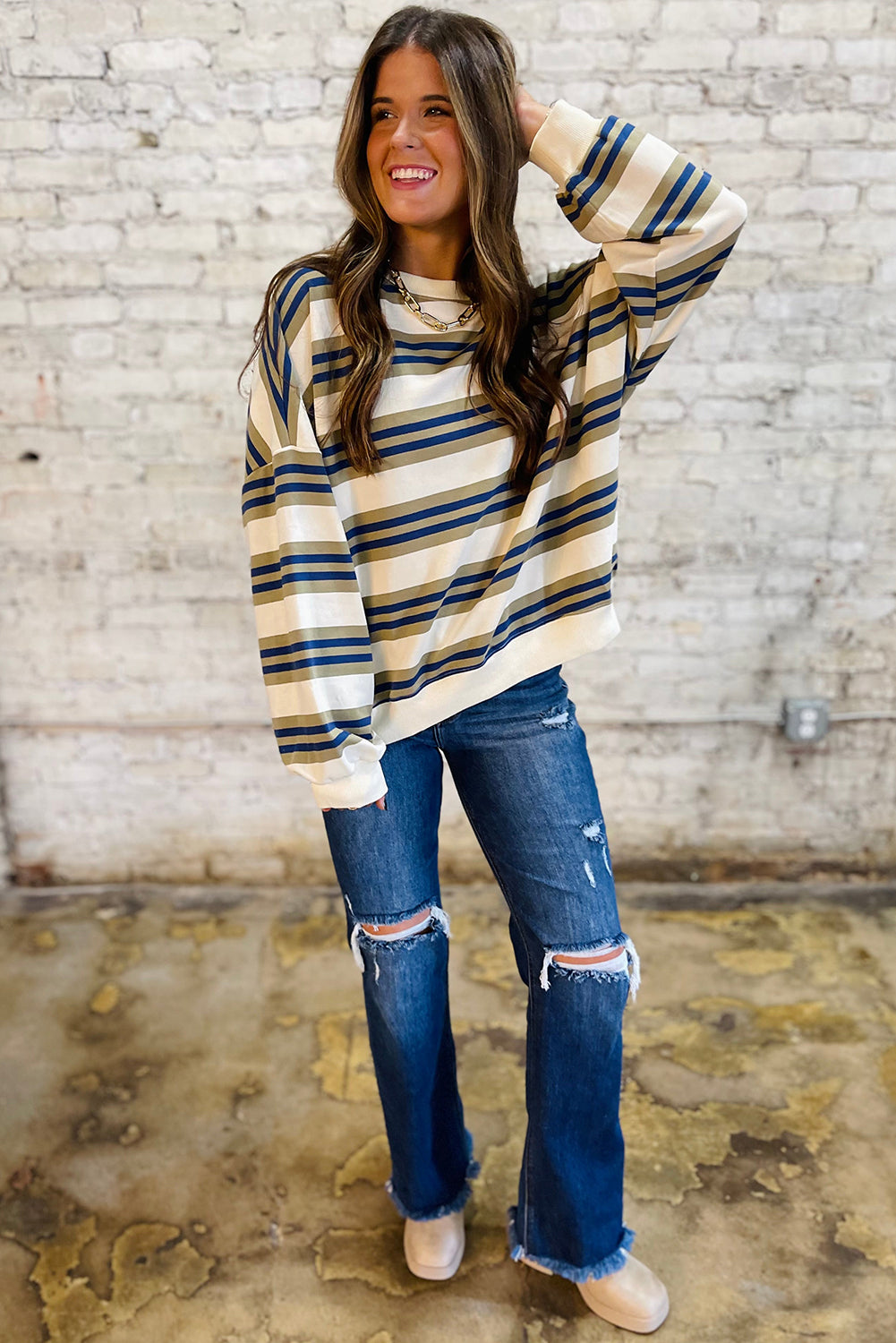 Khaki Stripe Crew Neck Drop Shoulder Pullover Sweatshirt-Tops/Sweatshirts & Hoodies-[Adult]-[Female]-2022 Online Blue Zone Planet