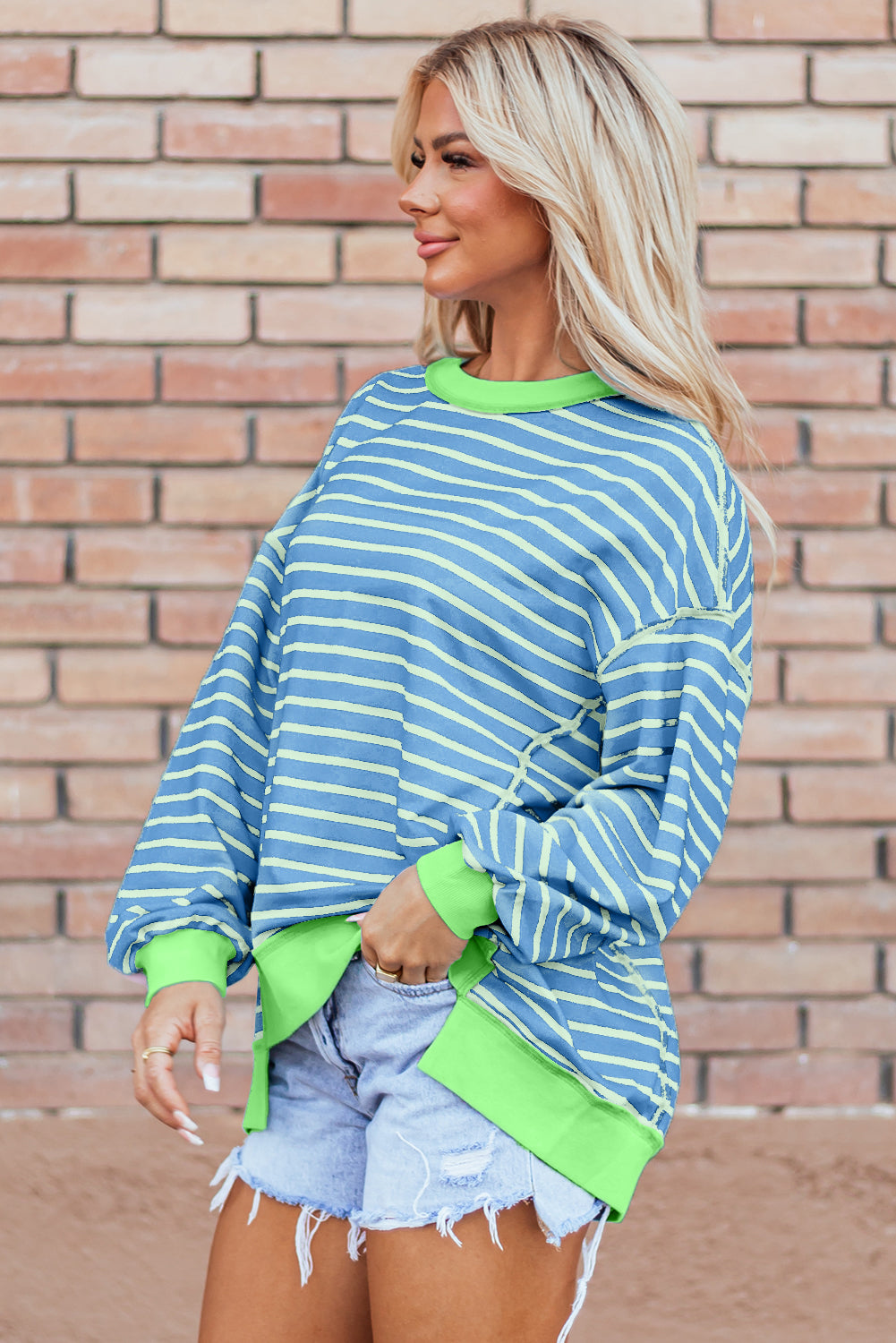 Sky Blue Stripe Contrast Trim High Low Pullover Tunic Sweatshirt-Tops/Sweatshirts & Hoodies-[Adult]-[Female]-2022 Online Blue Zone Planet