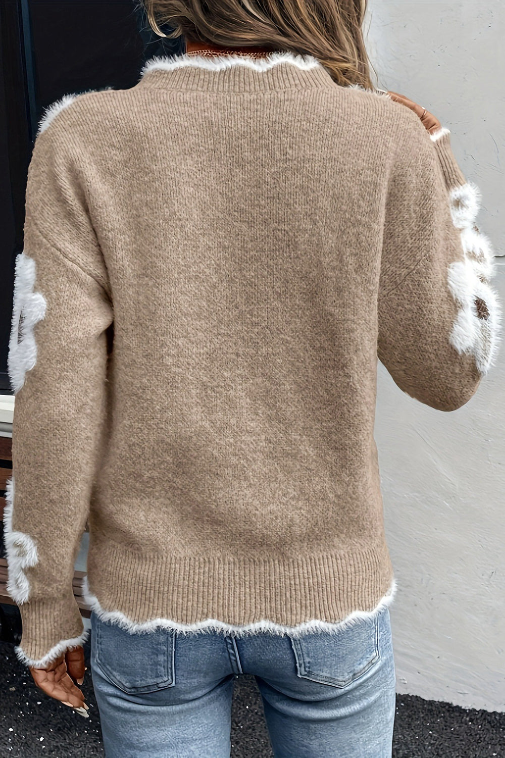 Dusk Blue Plush Flower Pattern Scalloped Trim V Neck Sweater-TOPS / DRESSES-[Adult]-[Female]-2022 Online Blue Zone Planet