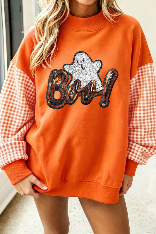 Russet Orange Boo Sequin Ghost Plaid Patchwork Sleeve Halloween Pullover Sweatshirt-Graphic/Graphic Sweatshirts-[Adult]-[Female]-Russet Orange-S-2022 Online Blue Zone Planet