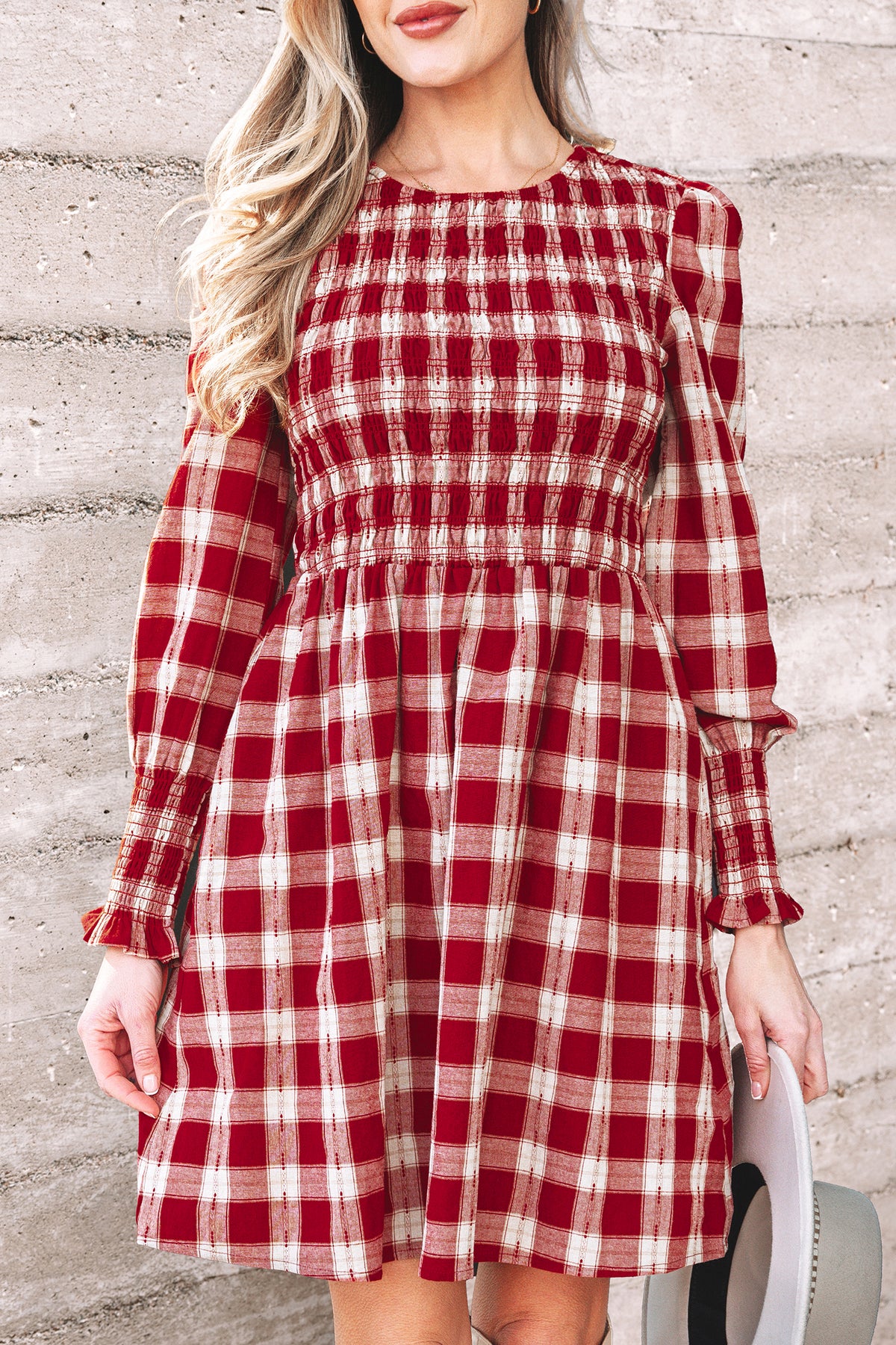 Red Plaid Print Smocked Puff Sleeve Mini Dress-TOPS / DRESSES-[Adult]-[Female]-2022 Online Blue Zone Planet