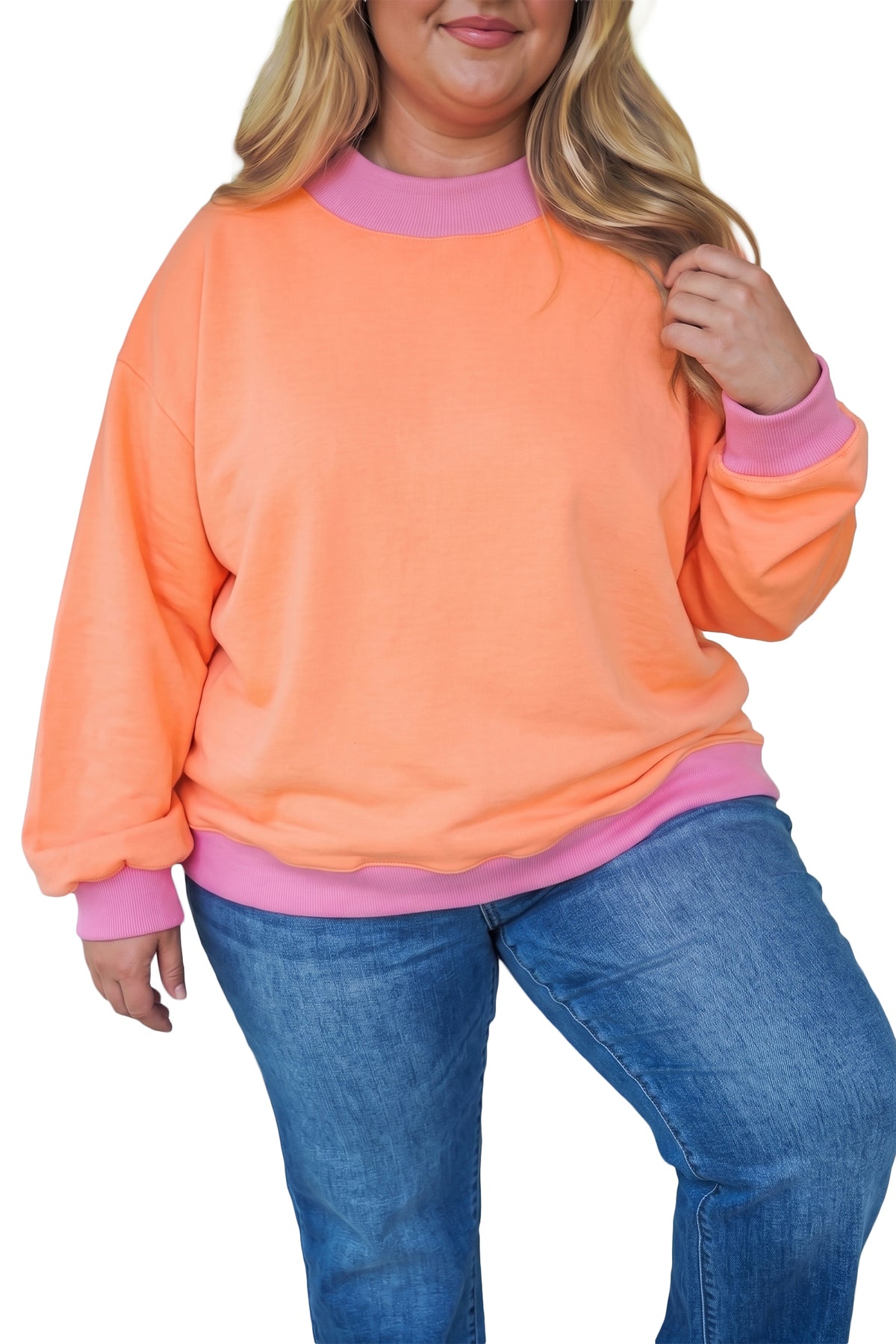 Pink Color Block Contrast Trim Plus Size Sweatshirt-Plus Size/Plus Size Sweatshirts & Hoodies-[Adult]-[Female]-2022 Online Blue Zone Planet
