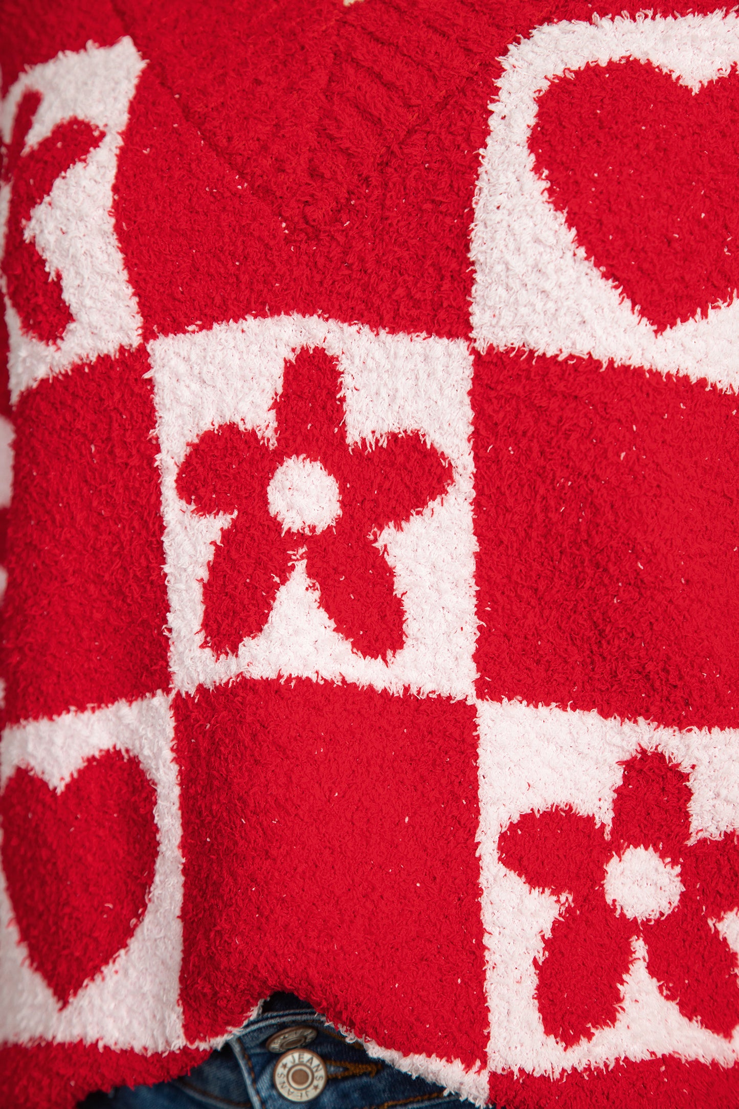 Fiery Red V Neck Flower Heart Detail Checkered Knit Loose Sweater-TOPS / DRESSES-[Adult]-[Female]-2022 Online Blue Zone Planet