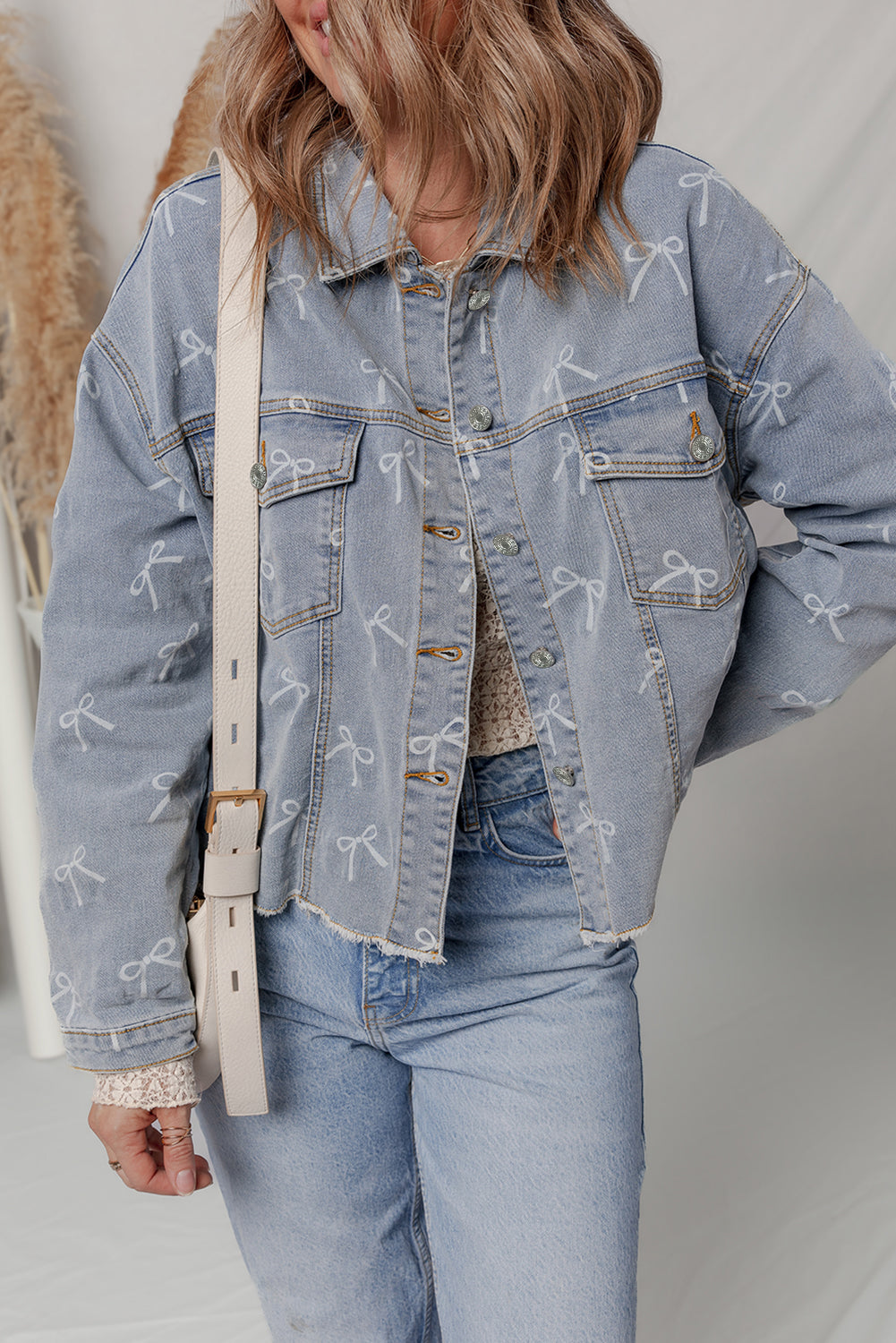 Sky Blue Bow Knot Print Light Wash Raw Hem Denim Jacket-Outerwear/Denim jackets-[Adult]-[Female]-2022 Online Blue Zone Planet
