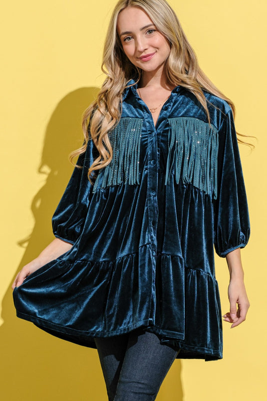 And The Why Fringe Detailed Velvet Shirt Dress-TOPS / DRESSES-[Adult]-[Female]-Teal-S-2022 Online Blue Zone Planet