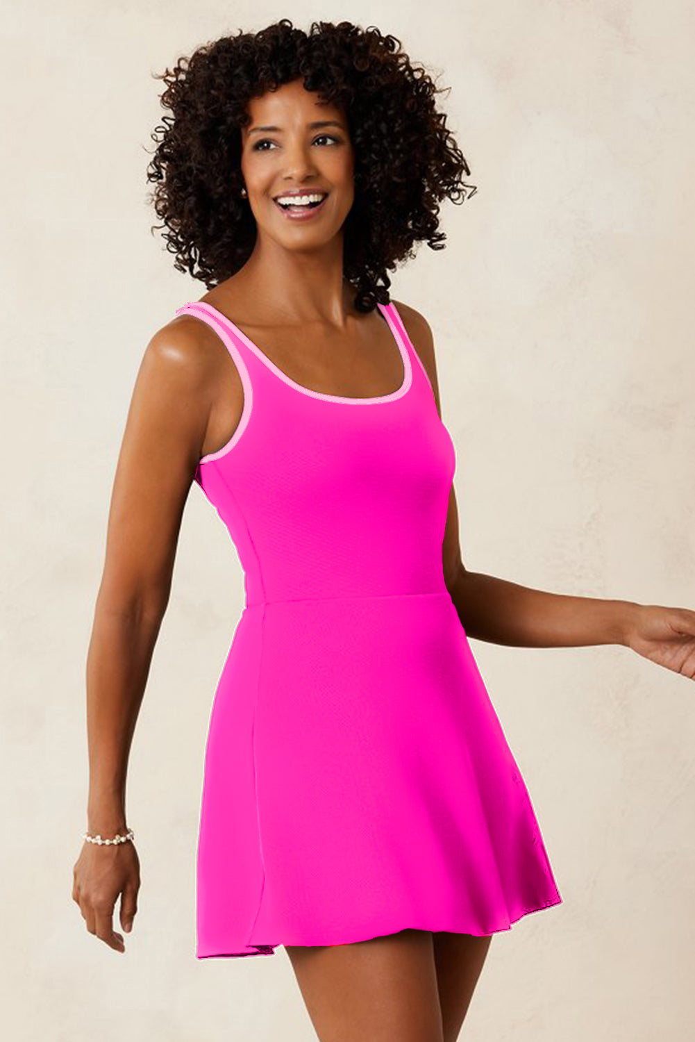 Rose Red Contrast Trim Neckline Active Shorts Attached One Piece Swim Dress-Swimwear/Swim Dresses-[Adult]-[Female]-2022 Online Blue Zone Planet