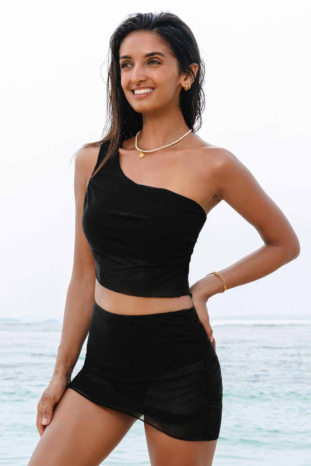 Black Ruched Mesh One Shoulder Bikini Top and Skirts Set-Bikini Sets-[Adult]-[Female]-2022 Online Blue Zone Planet