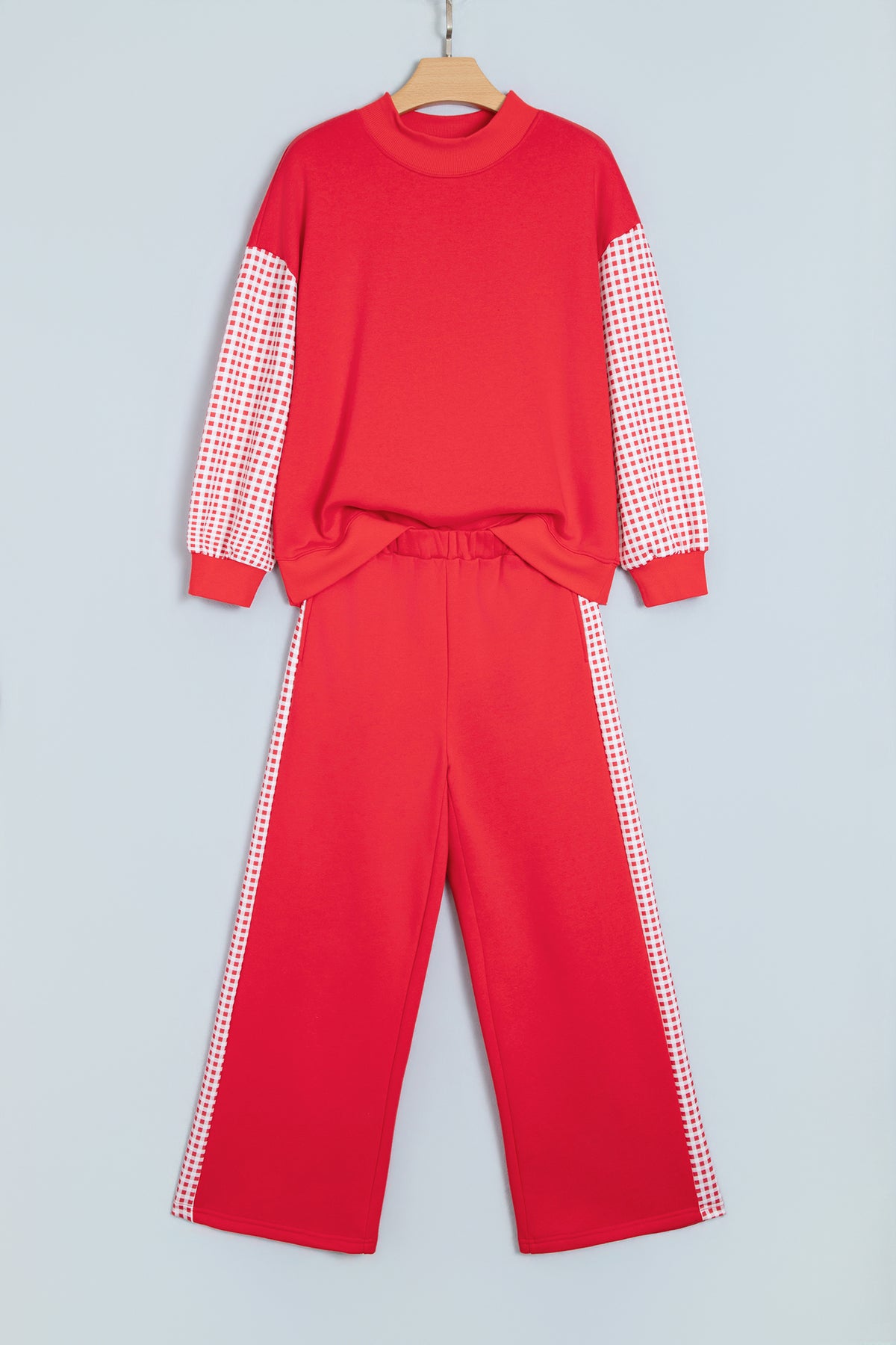 Fiery Red Plaid Contrast Long Sleeve Top And Wide Leg Pants Set-Two Piece Sets/Pant Sets-[Adult]-[Female]-2022 Online Blue Zone Planet