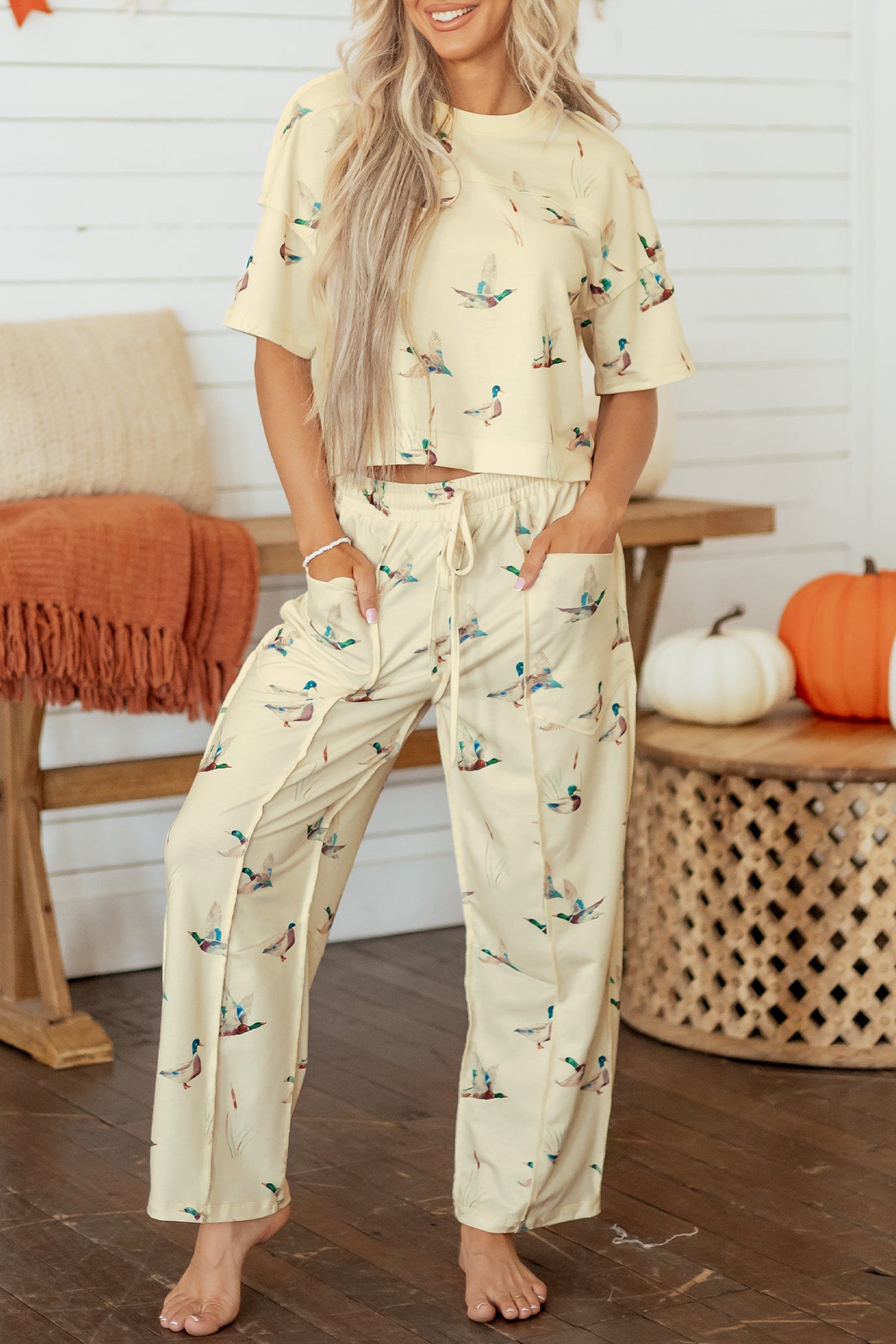 Beige Duck Print Short Sleeve Top Pocket Pants 2pcs Casual Set-Two Piece Sets/Pant Sets-[Adult]-[Female]-2022 Online Blue Zone Planet