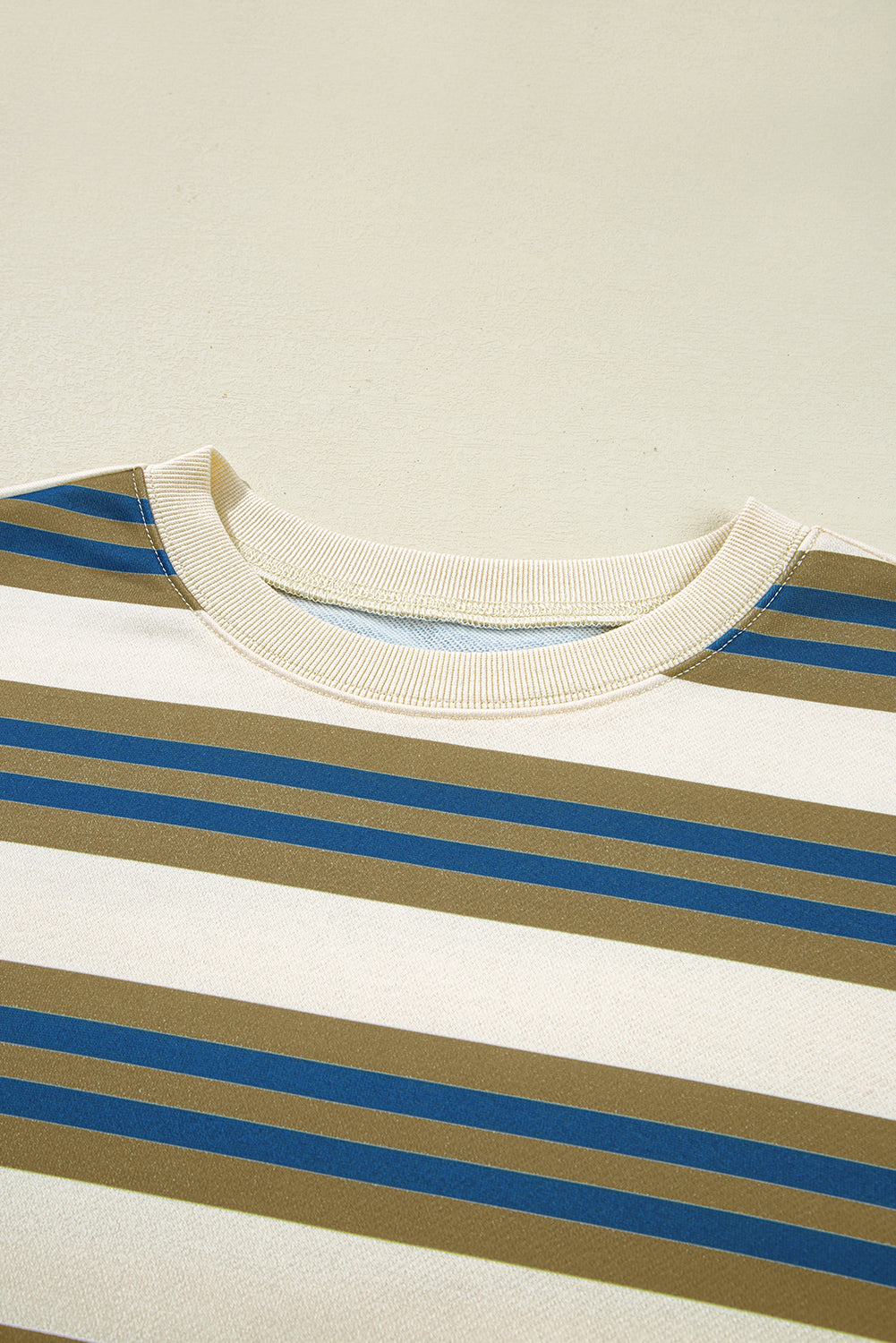 Khaki Stripe Crew Neck Drop Shoulder Pullover Sweatshirt-Tops/Sweatshirts & Hoodies-[Adult]-[Female]-2022 Online Blue Zone Planet