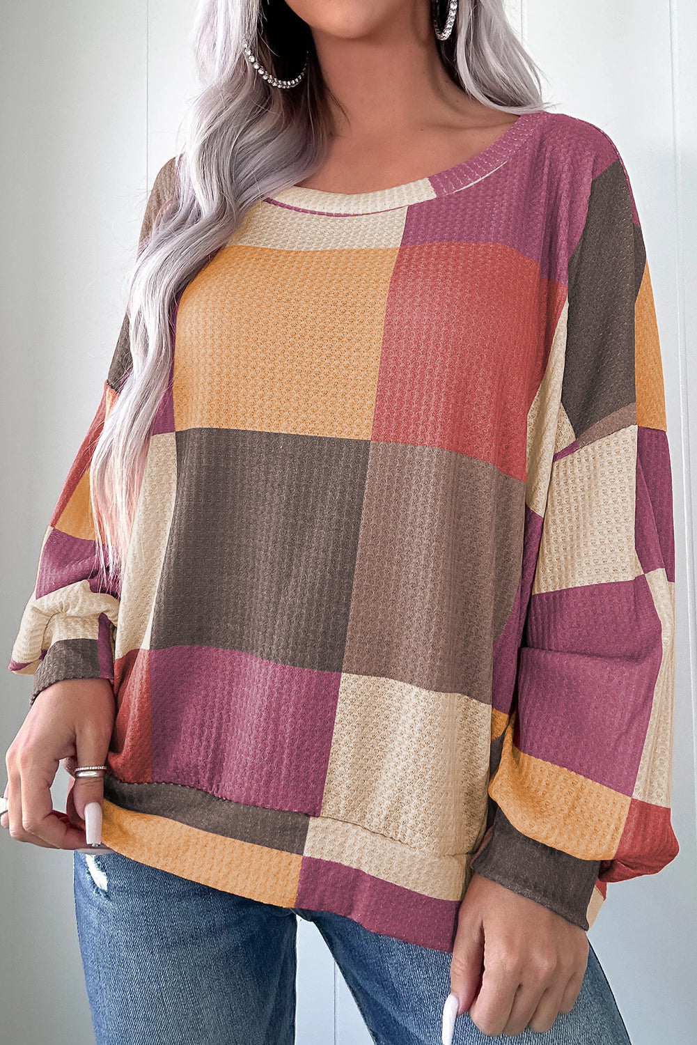 Rose Red Checkered Print Textured Knit Long Sleeve Loose Top-Tops/Long Sleeve Tops-[Adult]-[Female]-Rose Red-S-2022 Online Blue Zone Planet