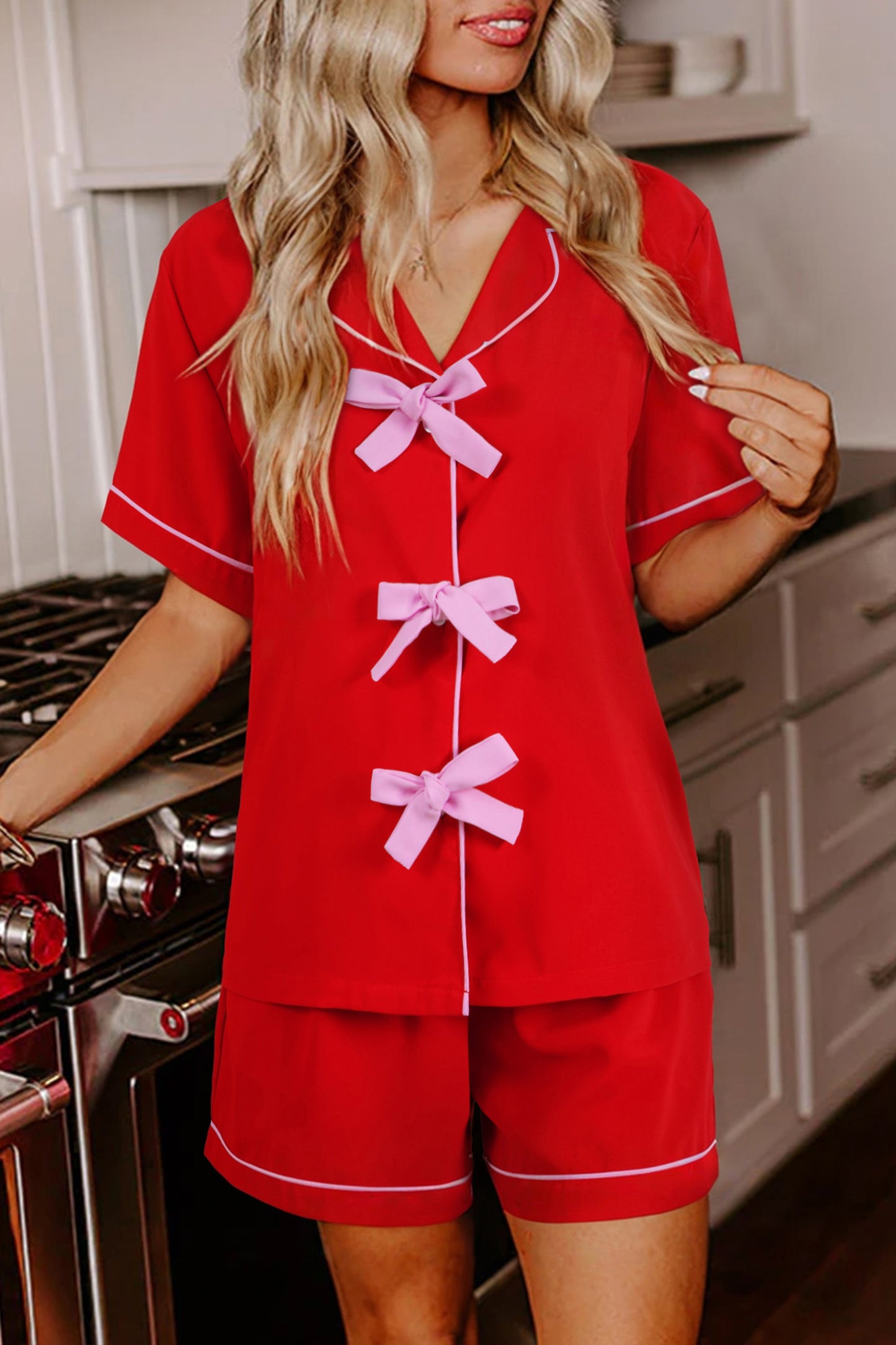 Fiery Red Contrast Trim Ribbon Bow Short Silky 2pcs Pajama Set-Loungewear & Sleepwear/Sleepwear-[Adult]-[Female]-Fiery Red-S-2022 Online Blue Zone Planet