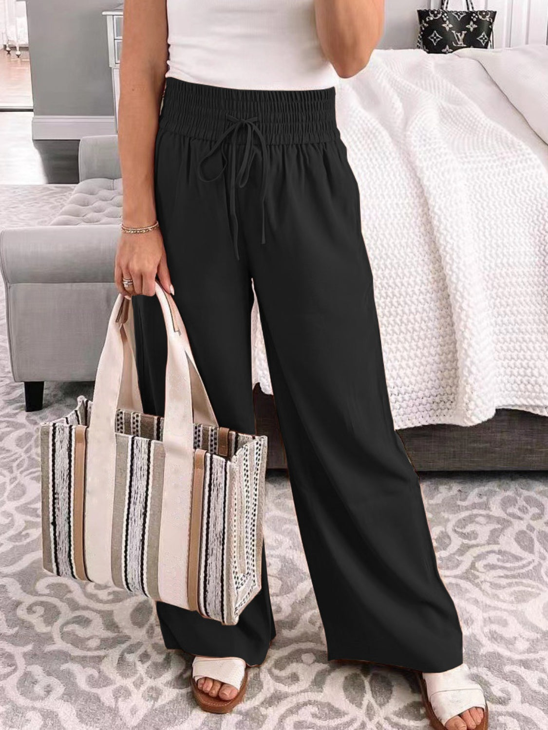 Full Size Drawstring High Waist Wide Leg Pants-BOTTOMS SIZES SMALL MEDIUM LARGE-[Adult]-[Female]-Black-S-2022 Online Blue Zone Planet