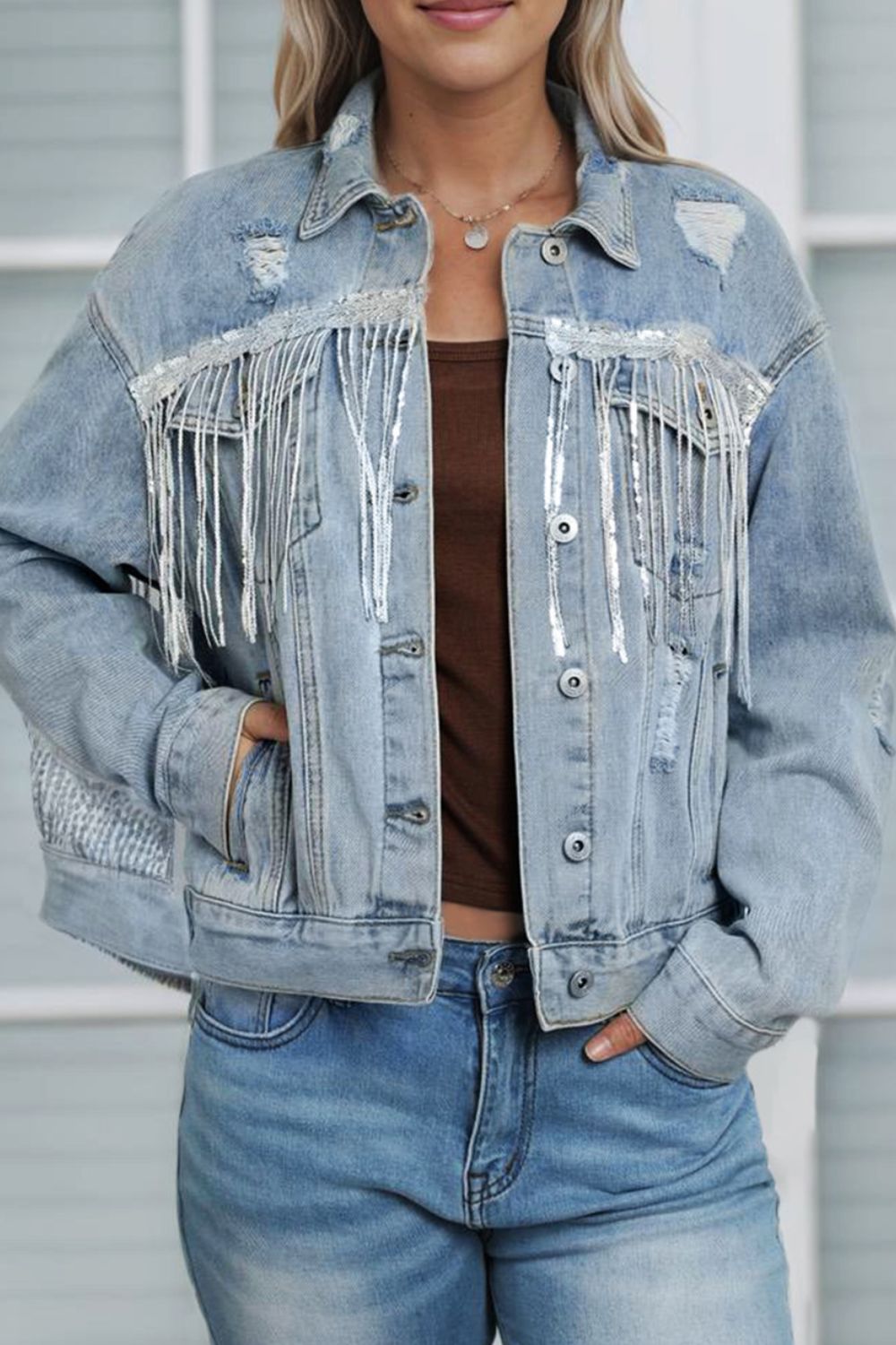 Sequin Fringe Trim Distressed Button Up Denim Jacket-TOPS / DRESSES-[Adult]-[Female]-2022 Online Blue Zone Planet