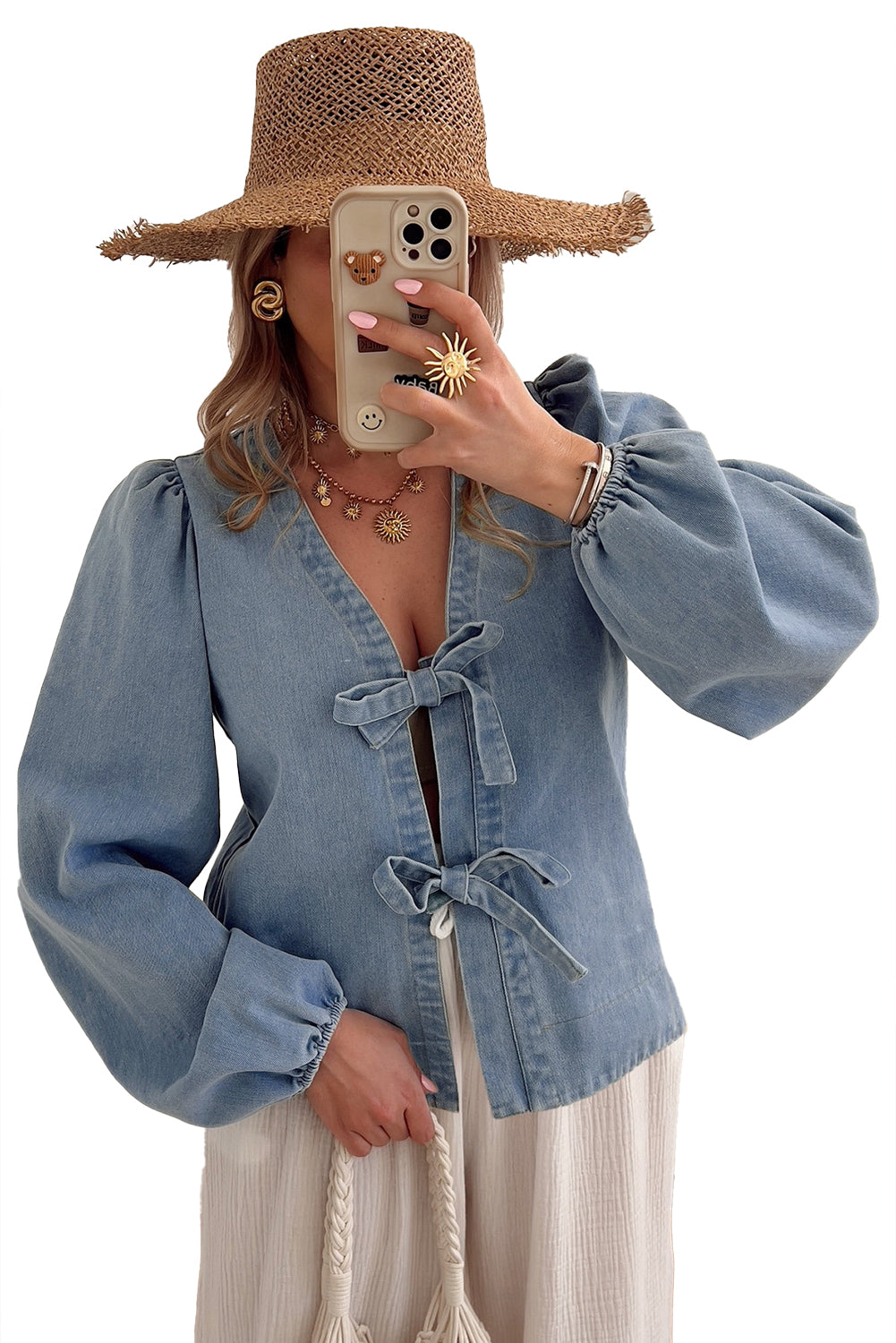 Dusk Blue Tied Front Long Puff Sleeve Denim Top-Tops/Blouses & Shirts-[Adult]-[Female]-2022 Online Blue Zone Planet