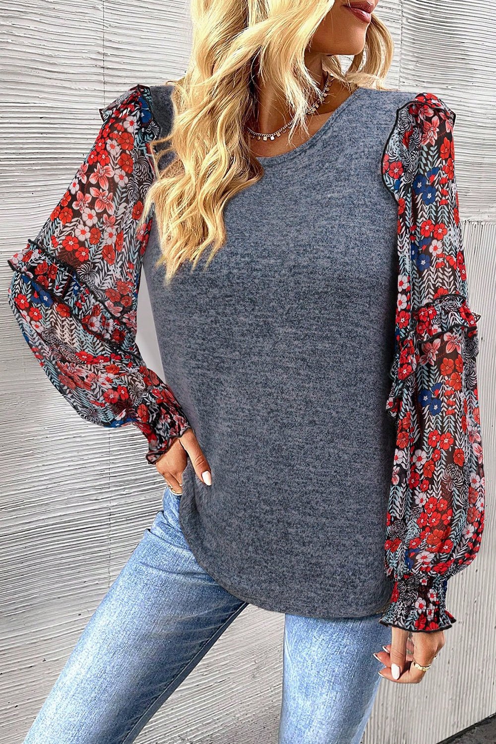 Heathered Floral Frill Lantern Sleeve Blouse-TOPS / DRESSES-[Adult]-[Female]-Dark Gray-S-2022 Online Blue Zone Planet