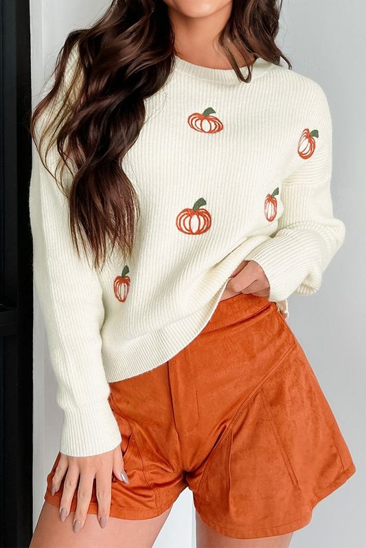 Beige Pumpkin Embroidered Ribbed Thanksgiving Halloween Holiday Sweater-Sweaters & Cardigans/Sweaters-[Adult]-[Female]-2022 Online Blue Zone Planet
