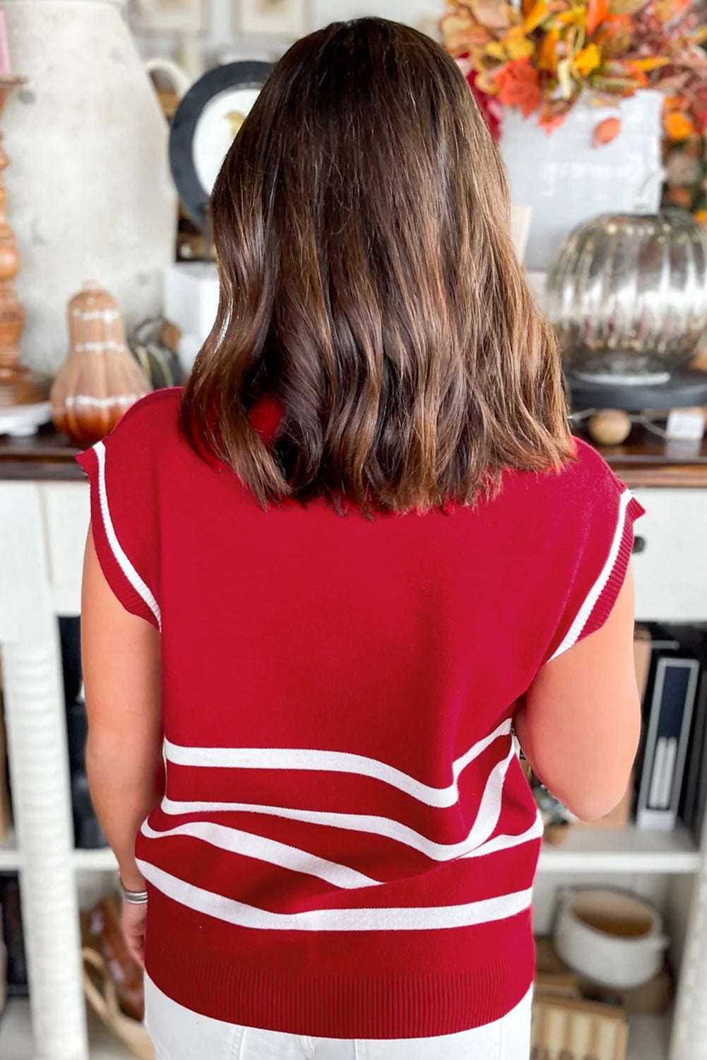 Fiery Red Quarter Zip Striped Detail Short Sleeve Sweater-Sweaters & Cardigans/Short Sleeve Sweaters-[Adult]-[Female]-2022 Online Blue Zone Planet