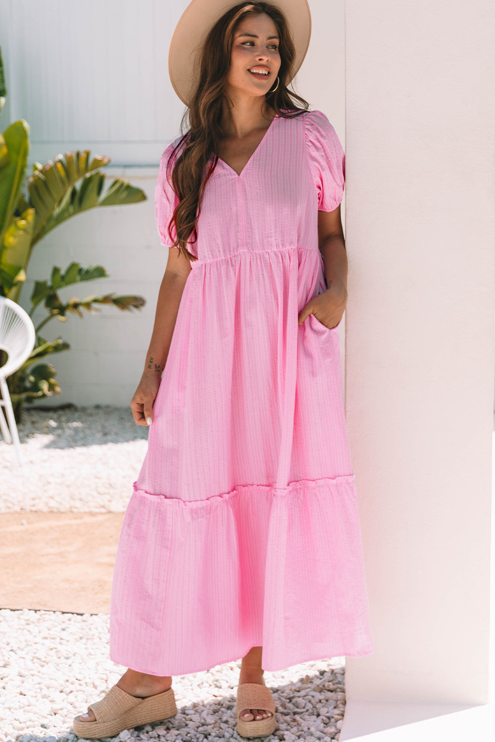 Pink Stripe V Neck Puff Short Sleeve Maxi Dress-Dresses/Maxi Dresses-[Adult]-[Female]-Pink Stripe-S-2022 Online Blue Zone Planet