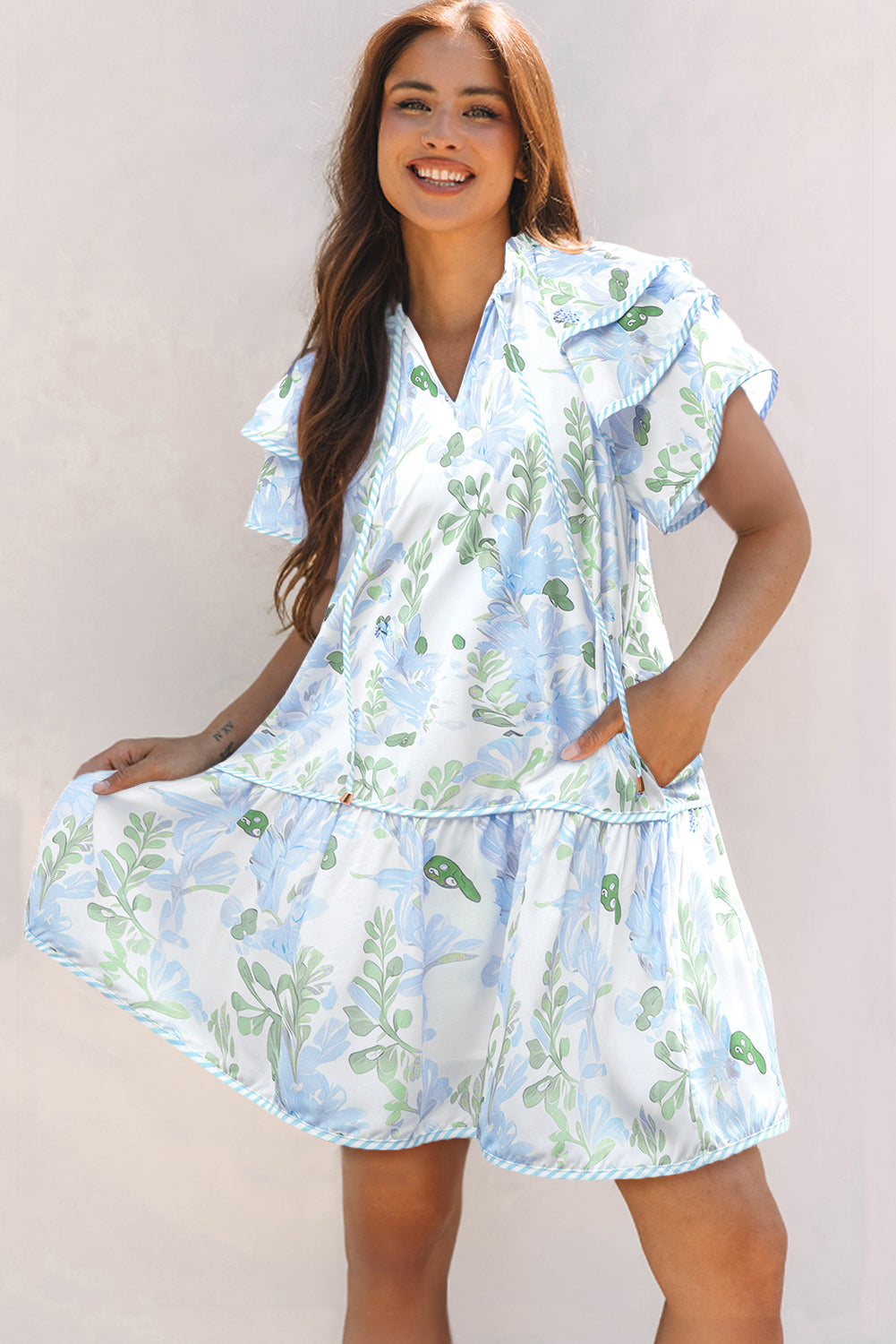 Orange Floral Contrast Edge Layered Short Sleeve Mini Dress-TOPS / DRESSES-[Adult]-[Female]-2022 Online Blue Zone Planet