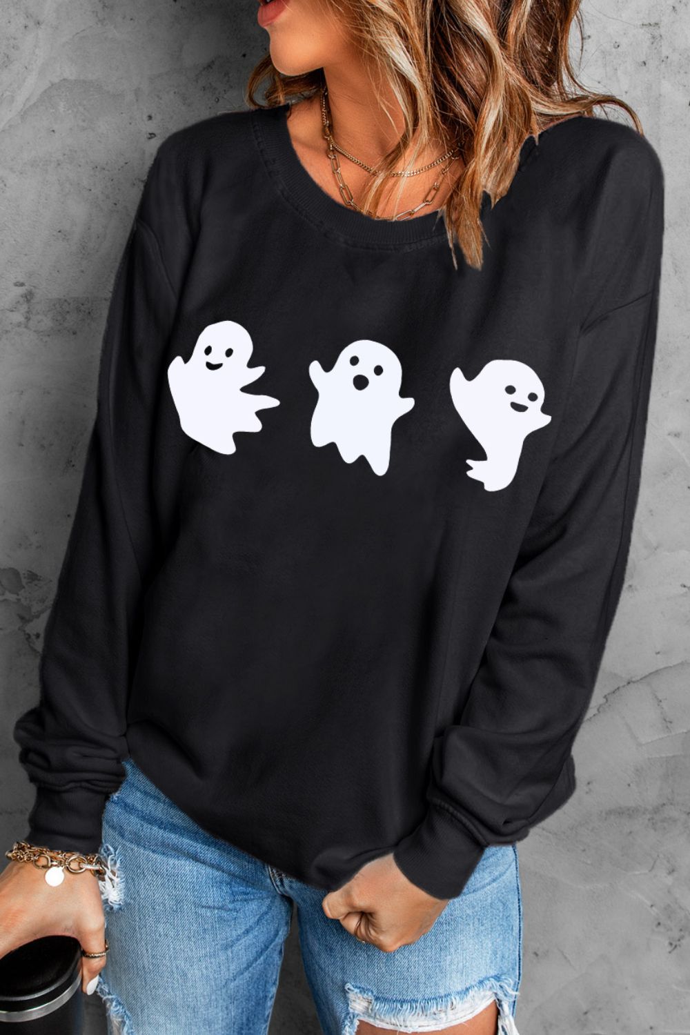 Blue Zone Planet | Ghost Round Neck Long Sleeve Sweatshirt-TOPS / DRESSES-[Adult]-[Female]-Black-S-2022 Online Blue Zone Planet