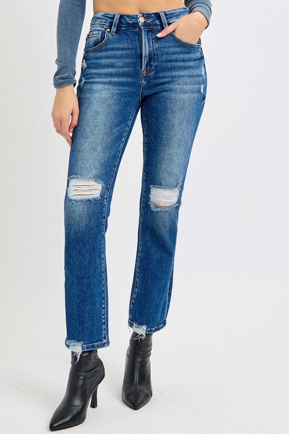 RISEN Full Size High Rise Distressed Crop Straight Jeans-BOTTOMS SIZES SMALL MEDIUM LARGE-[Adult]-[Female]-2022 Online Blue Zone Planet