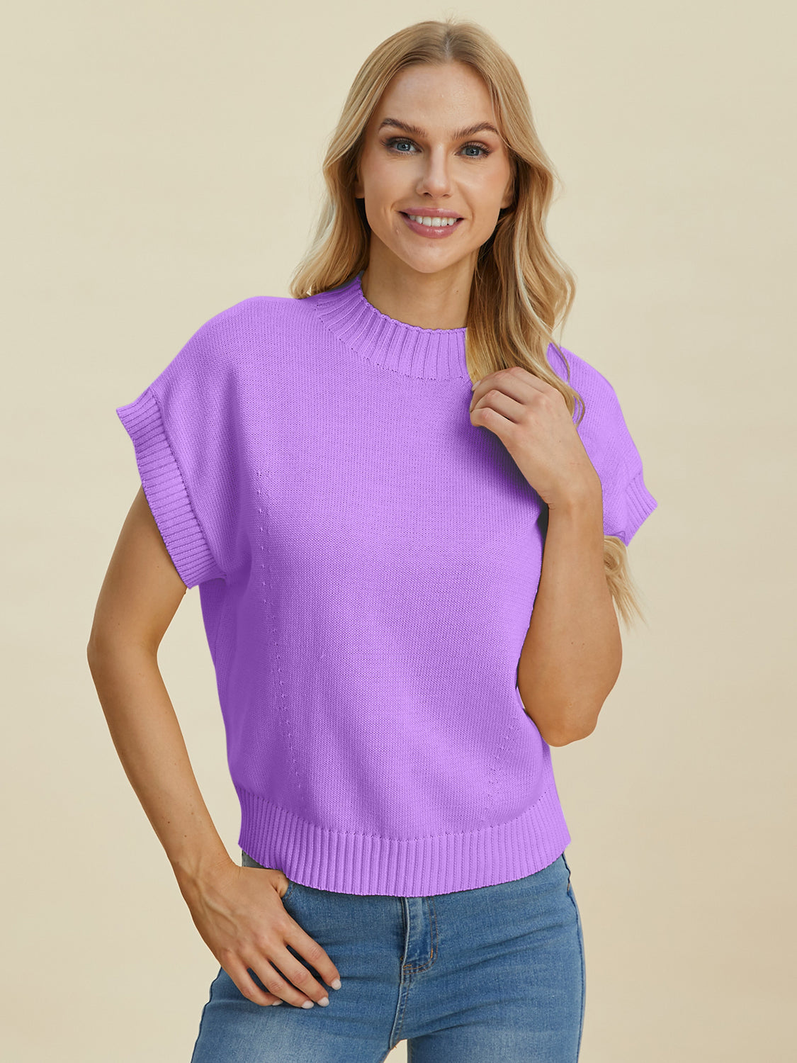 Double Take Full Size Mock Neck Short Sleeve Sweater-TOPS / DRESSES-[Adult]-[Female]-2022 Online Blue Zone Planet