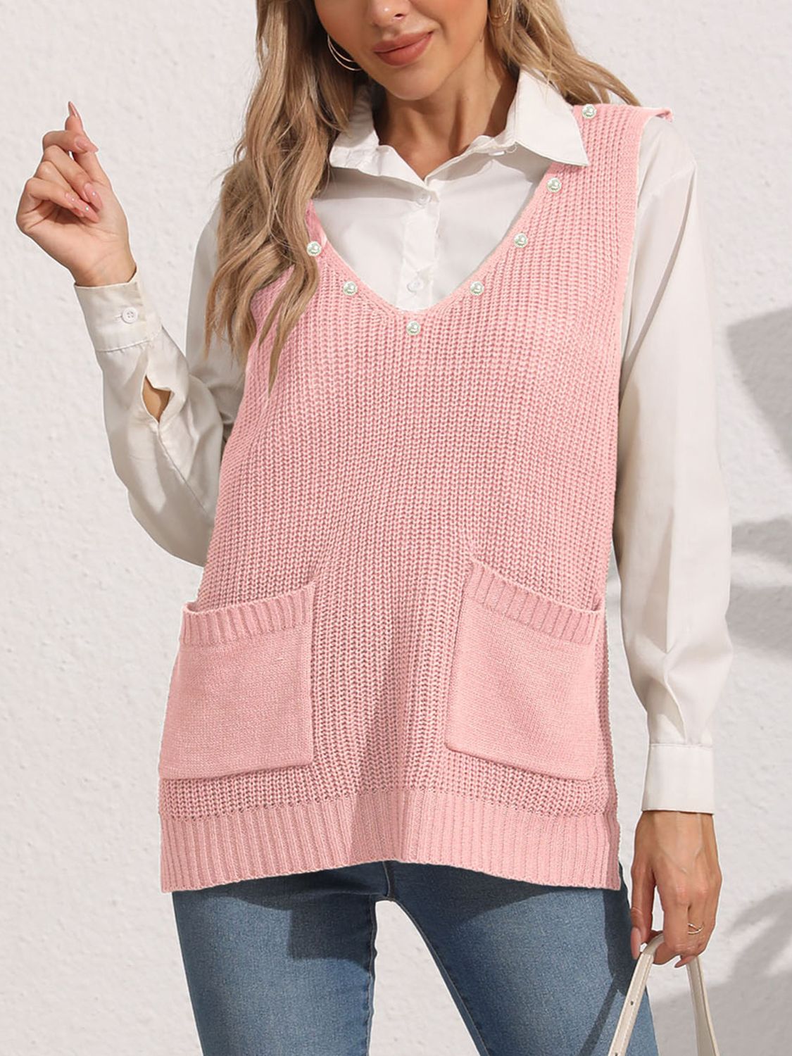 Slit V-Neck Sweater Vest-TOPS / DRESSES-[Adult]-[Female]-2022 Online Blue Zone Planet