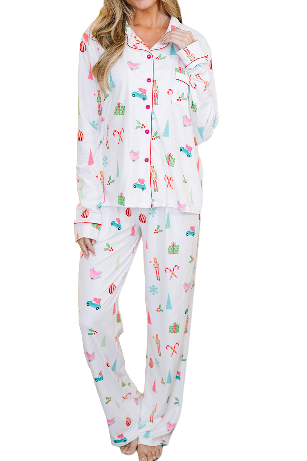 White Christmas Print Lapel Shirt and Pants Pajama Set-Loungewear Set-[Adult]-[Female]-2022 Online Blue Zone Planet