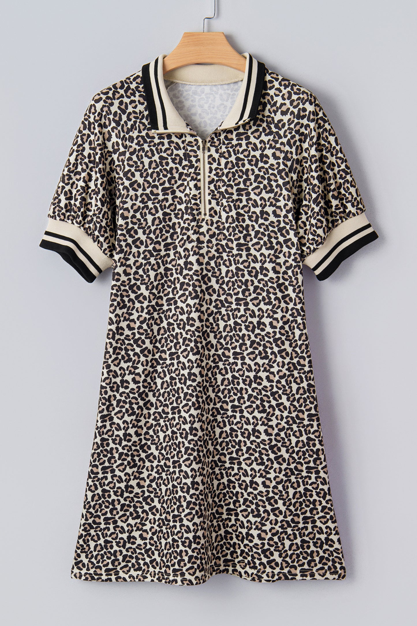 Khaki Leopard Print Zip Neck Striped Webbing Patchwork T Shirt Mini Dress-TOPS / DRESSES-[Adult]-[Female]-2022 Online Blue Zone Planet