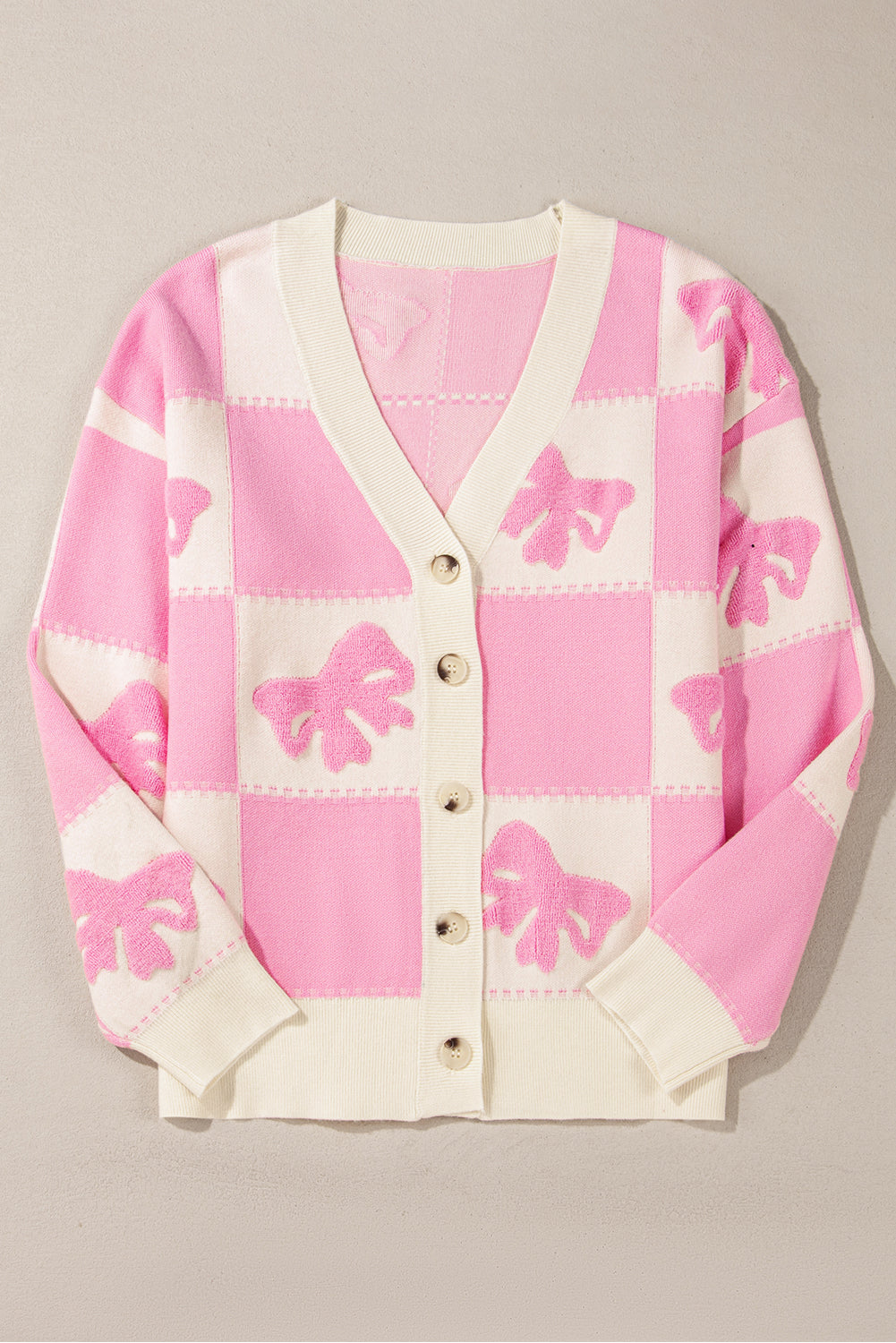 Blue Zone Planet | Pink Bowknot and Checkered Drop Shoulder Cardigan-Cardigans-[Adult]-[Female]-2022 Online Blue Zone Planet