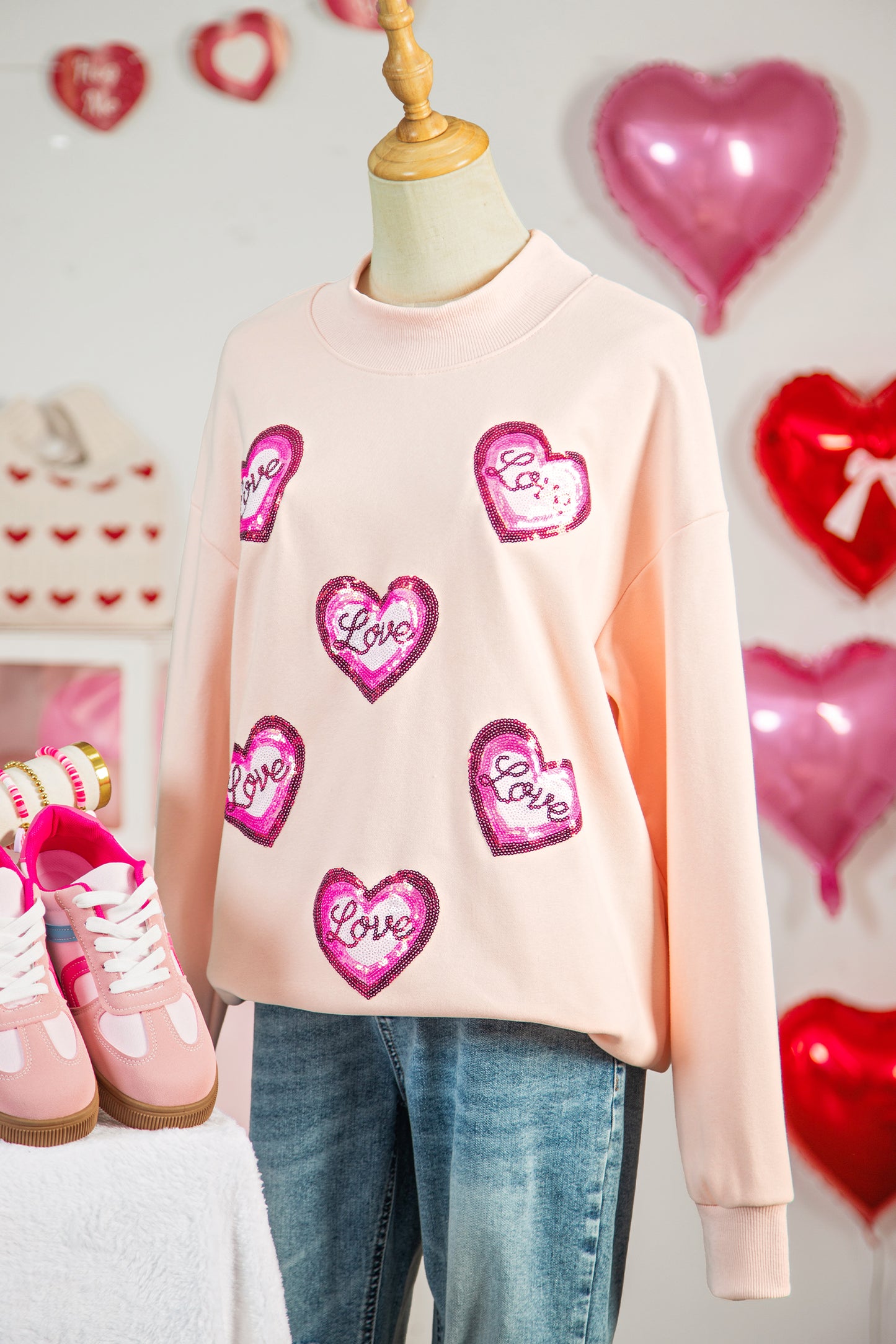 Apricot Pink Sequin Love Heart Patched Mock Neck Sweatshirt-Graphic Sweatshirts-[Adult]-[Female]-2022 Online Blue Zone Planet