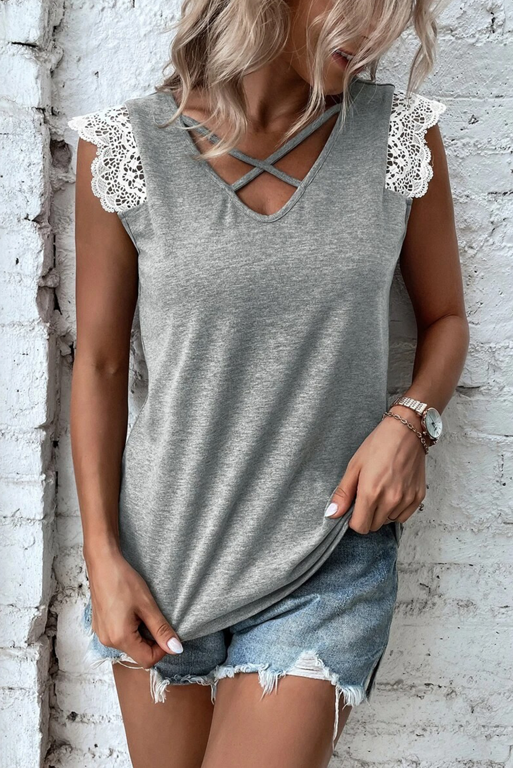 Gray Lace Patchwork Criss Cross V Neck Tank Top-Tops/Tank Tops-[Adult]-[Female]-2022 Online Blue Zone Planet