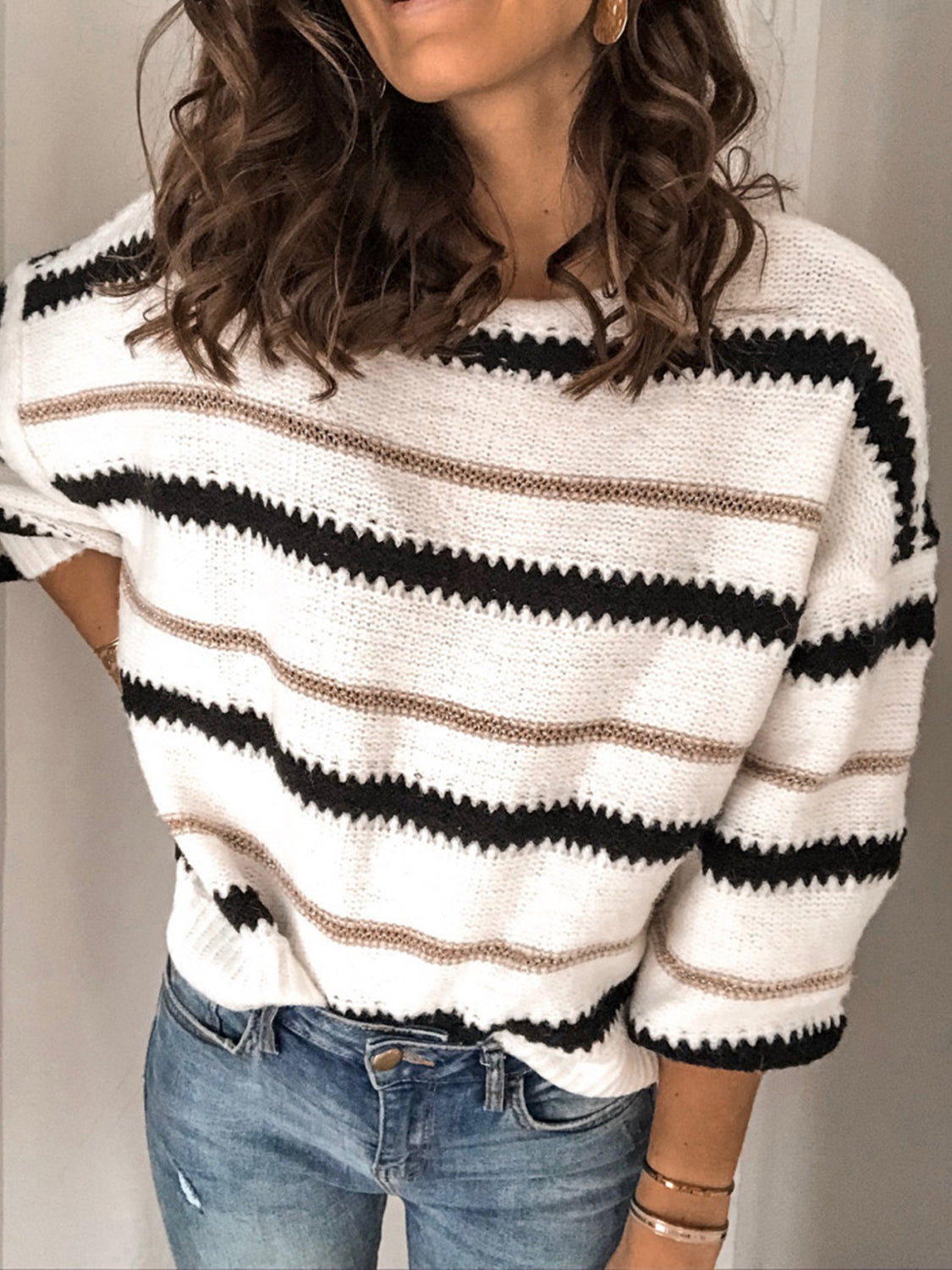 Contrast Striped Round Neck Long Sleeve Sweater-TOPS / DRESSES-[Adult]-[Female]-2022 Online Blue Zone Planet