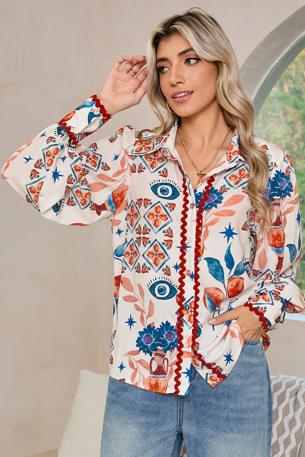 Multicolour Ethnic Floral Print Ricrac Button Down Shirt-Long Sleeve Tops-[Adult]-[Female]-2022 Online Blue Zone Planet