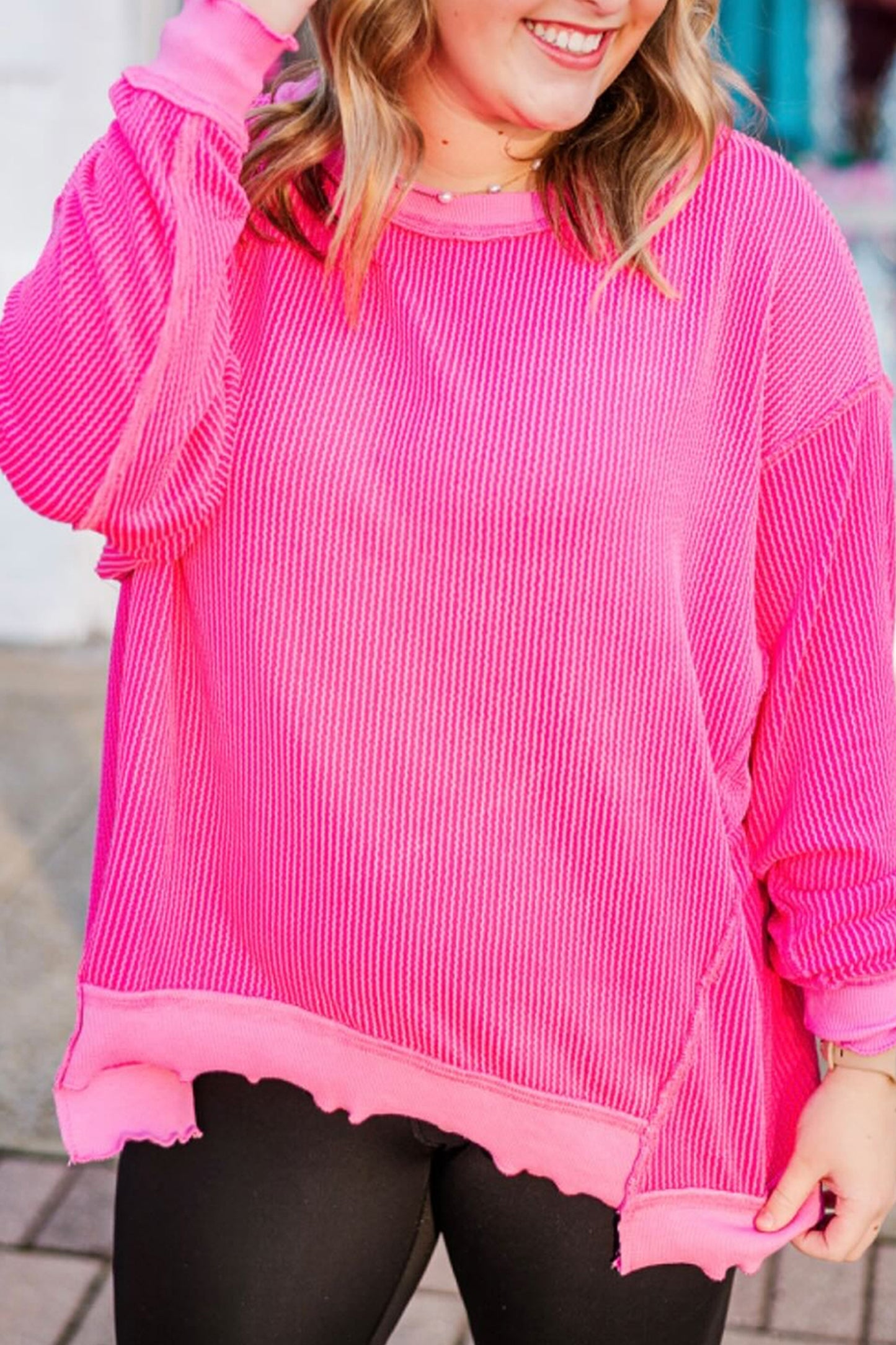 Rose Red Drop Shoulder Uneven Hem Plus Size Twisted Rib Top-Plus Size/Plus Size Tops/Plus Size Long Sleeve Tops-[Adult]-[Female]-Rose Red-1X-2022 Online Blue Zone Planet