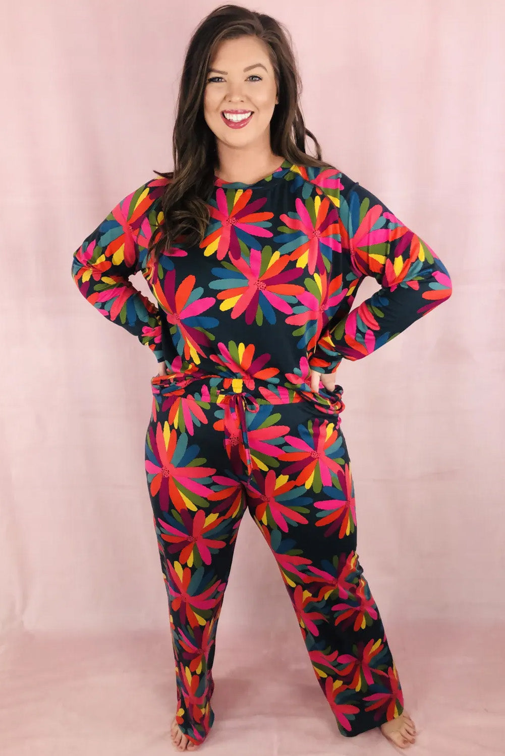 Black Plus Size Printed Long Sleeve and Pants Lounge Set-Plus Size/Plus Size Loungewear-[Adult]-[Female]-2022 Online Blue Zone Planet