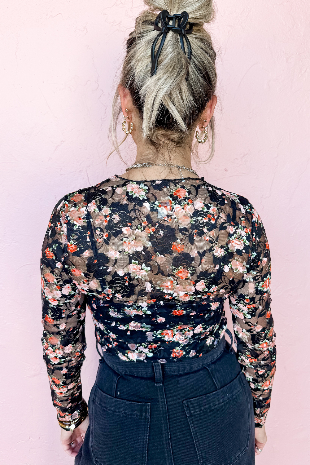 Black Floral Mesh Sheer Long Sleeve Top-Tops/Long Sleeve Tops-[Adult]-[Female]-2022 Online Blue Zone Planet