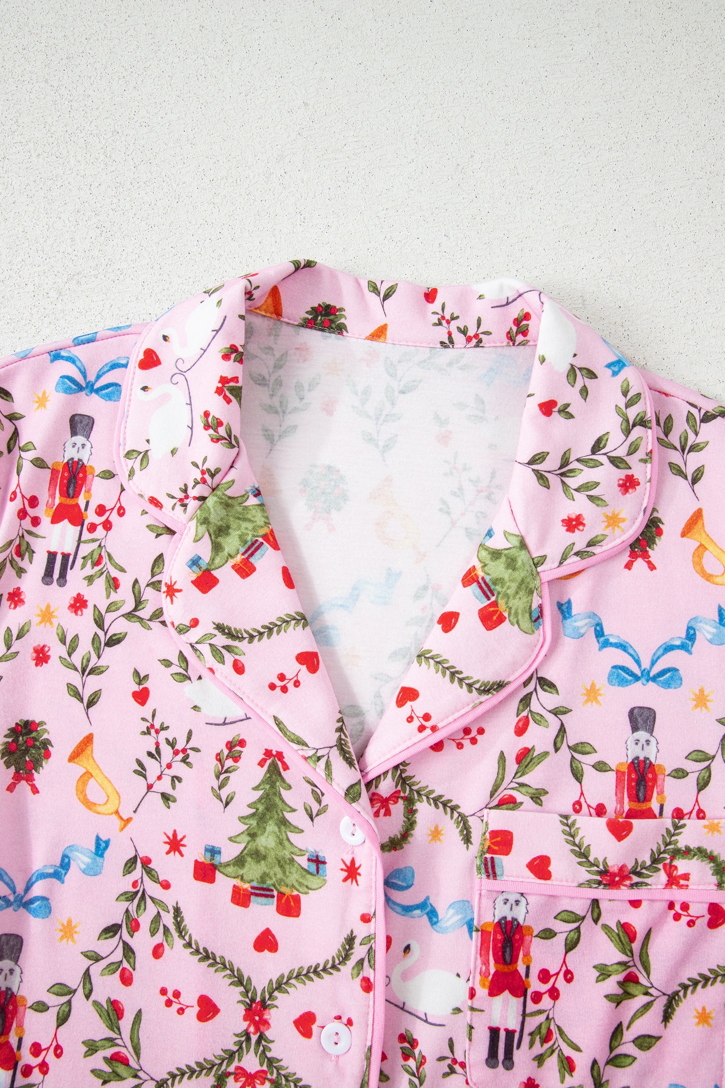 Pink Nutcracker Doll Christmas Print Ribbon Tie Waist Short 2pcs Pajama Set-Loungewear & Sleepwear/Sleepwear-[Adult]-[Female]-2022 Online Blue Zone Planet