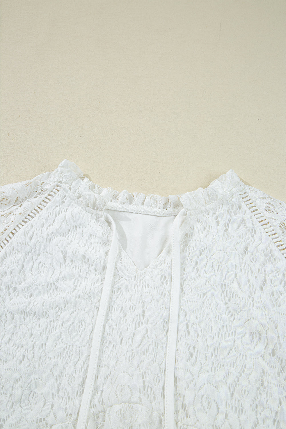 White Tie V Neck Lace Ruffle Detail Long Sleeve Blouse-Tops/Blouses & Shirts-[Adult]-[Female]-2022 Online Blue Zone Planet