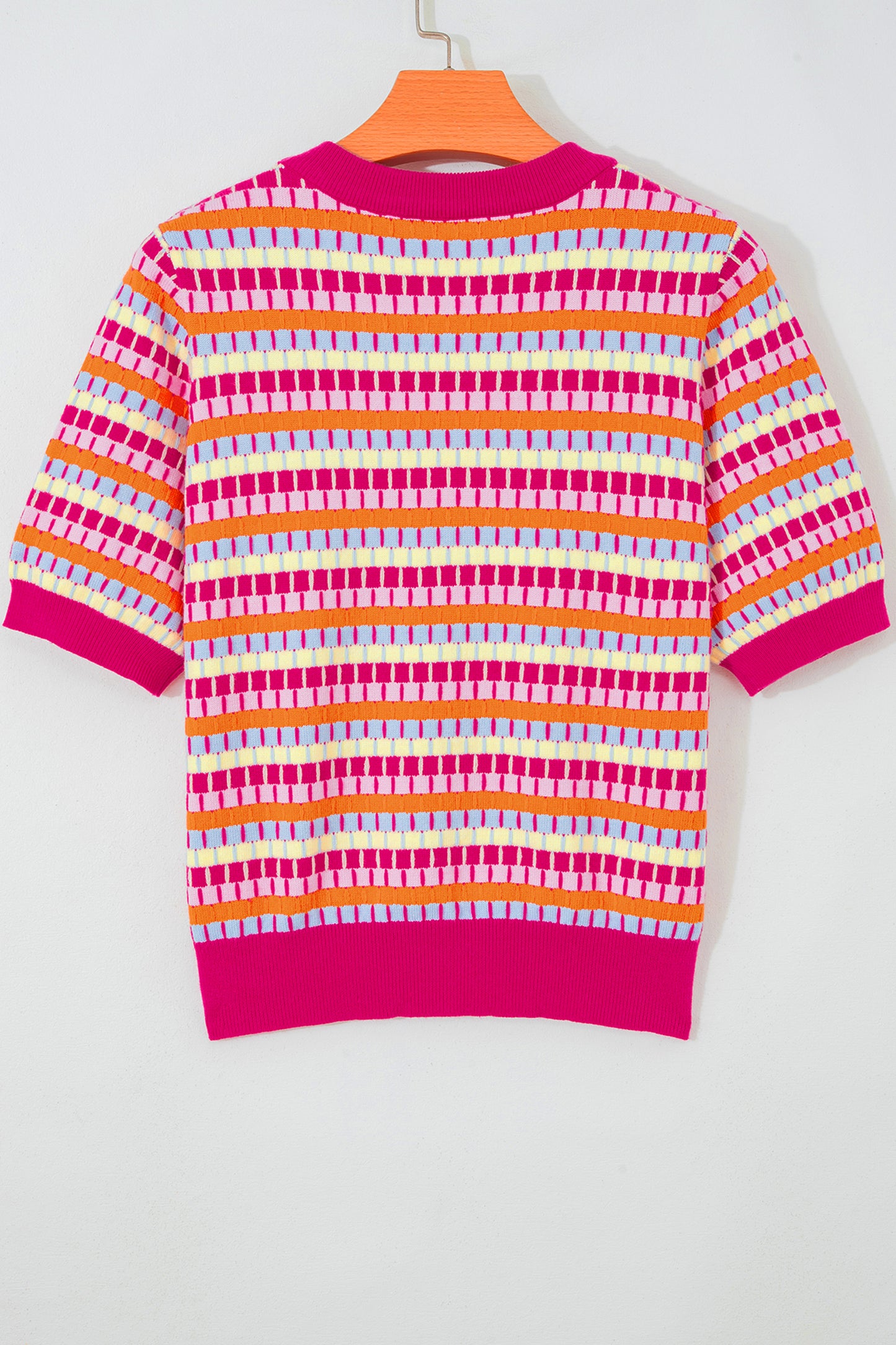 Orange Abstract Striped Knit Short Sleeve Sweater-Sweaters & Cardigans/Short Sleeve Sweaters-[Adult]-[Female]-2022 Online Blue Zone Planet
