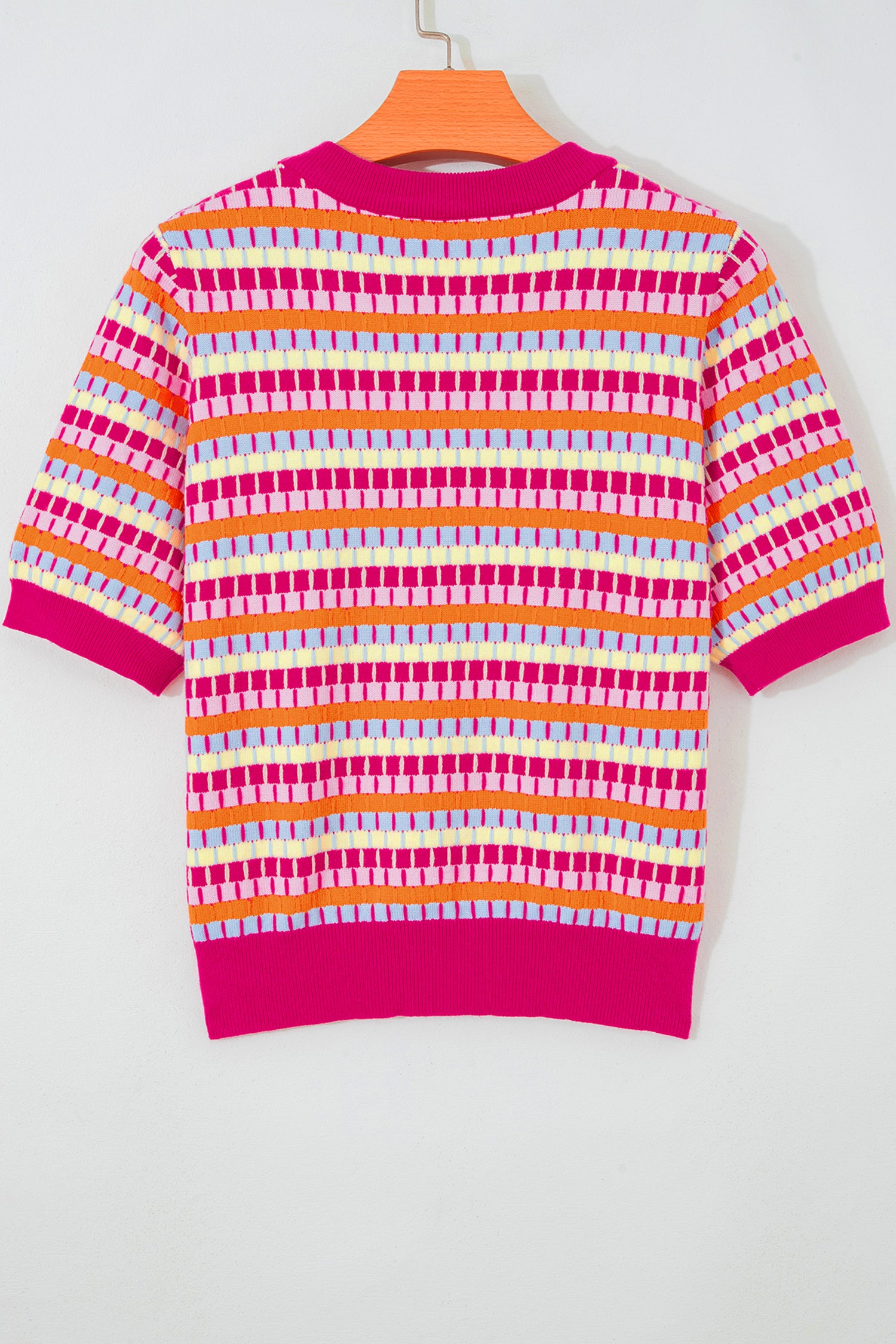 Orange Abstract Striped Knit Short Sleeve Sweater-Sweaters & Cardigans/Short Sleeve Sweaters-[Adult]-[Female]-2022 Online Blue Zone Planet