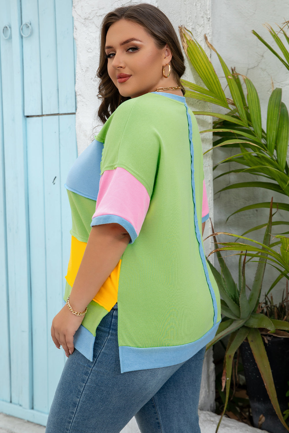 Blue Zone Planet | Light Blue Color Block Exposed Seam Patchwork Plus Size T Shirt-Plus Size/Plus Size Tops/Plus Size Tops & Tees-[Adult]-[Female]-2022 Online Blue Zone Planet