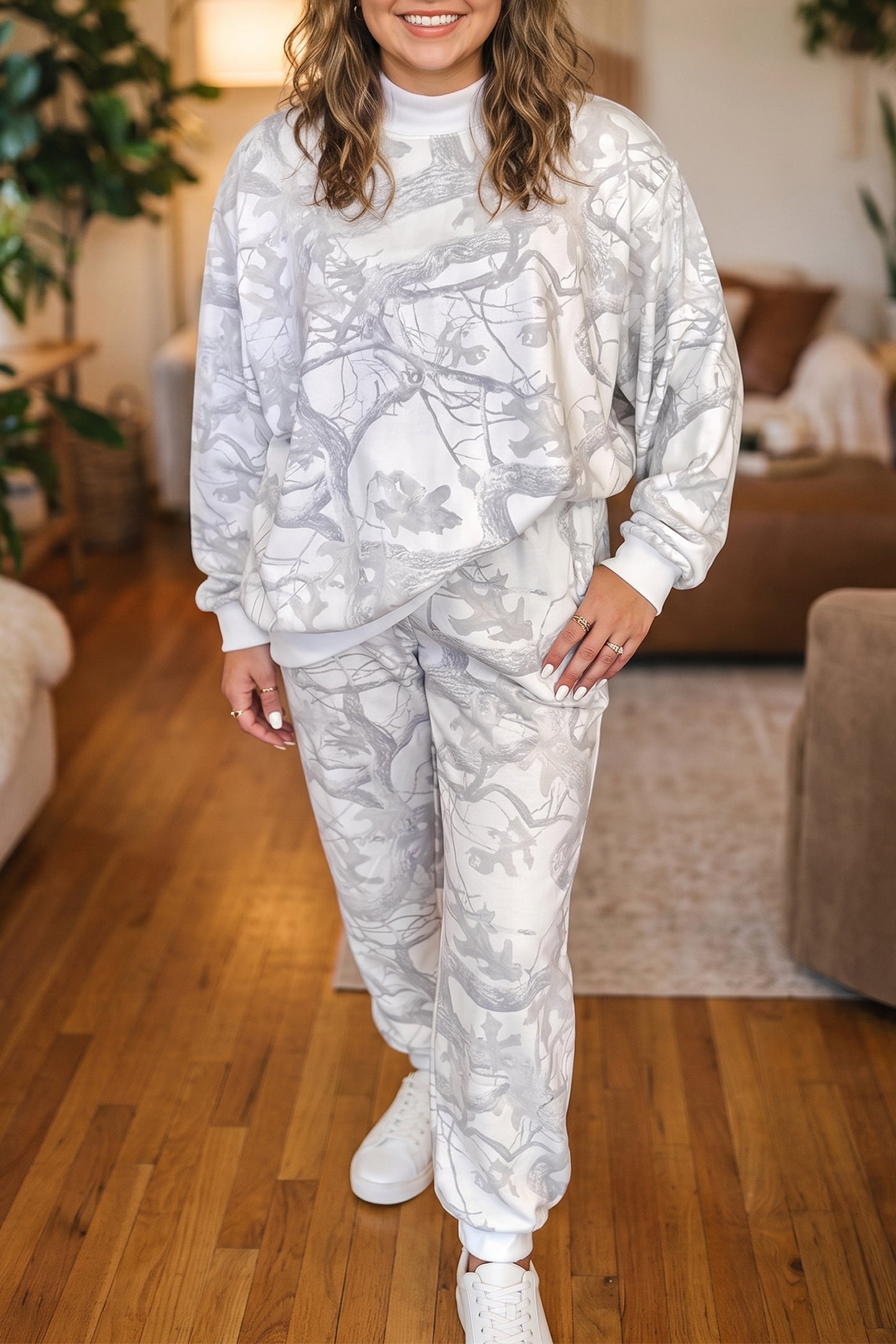 Gray Camouflage Print Stand Neck Long Sleeve Regular Fit Plus Size Set-Plus Size/Plus Size Loungewear-[Adult]-[Female]-Gray-1X-2022 Online Blue Zone Planet