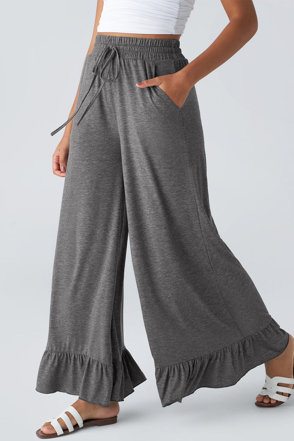 Medium Grey Ruffled Wide Leg Pull On High Waist Pants with Pockets-Bottoms/Pants & Culotte-[Adult]-[Female]-2022 Online Blue Zone Planet