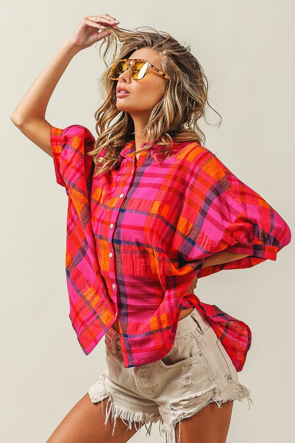 BiBi Button Up Dolman Sleeve Plaid Shirt-TOPS / DRESSES-[Adult]-[Female]-2022 Online Blue Zone Planet