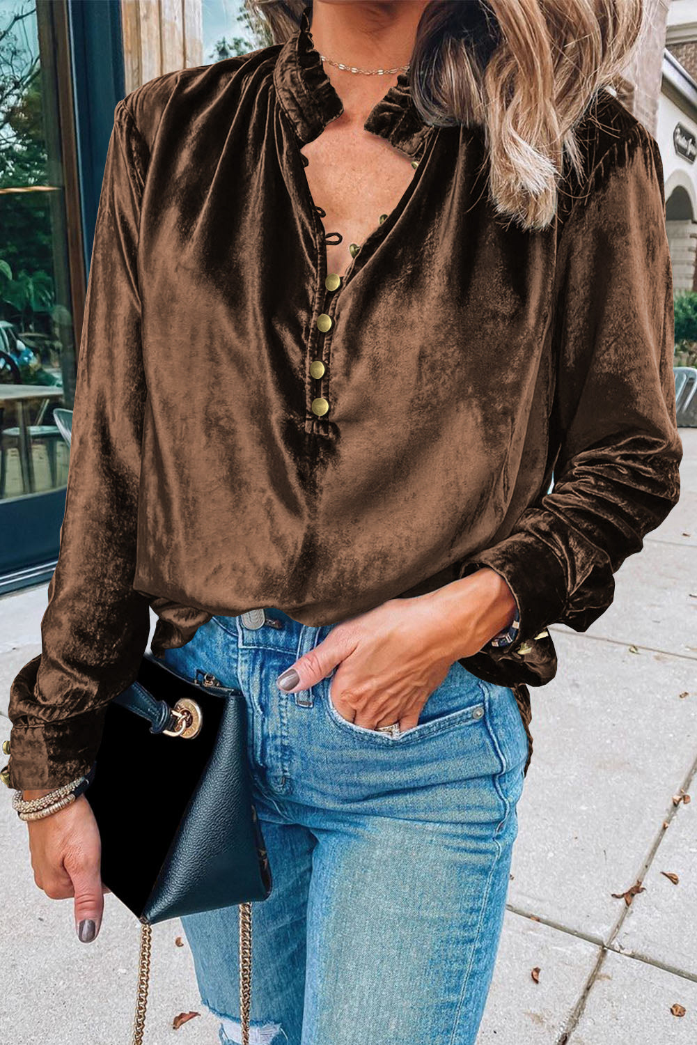 Burgundy Frilled Neck Buttoned Front Velvet Top-Tops/Blouses & Shirts-[Adult]-[Female]-Desert Palm-S-2022 Online Blue Zone Planet